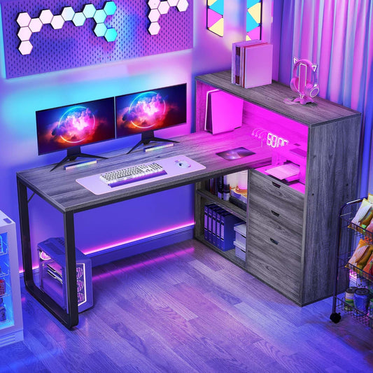 DWVO L Shaped Desk with Drawers, 55" Corner Computer Desk with Bookshelf & Power Outlets & LED Lights, Home Office Desk with Storage Shelves, Grey