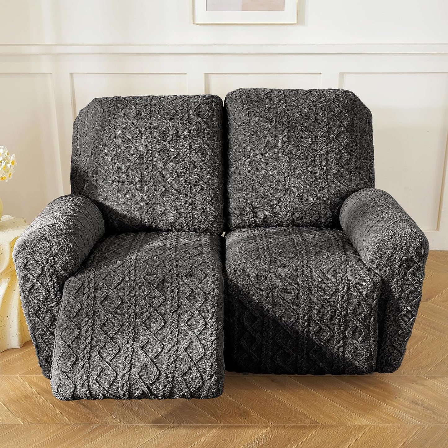 vctops 6 Pieces Geometric Jacquard Plush Recliner Loveseat Slipcovers Soft Fuzzy Fluffy Sofa Couch Cover Anti-Slip Furniture Protector with Elastic Bottom for Kids Cats Dogs(Dark Grey,2 Seat)