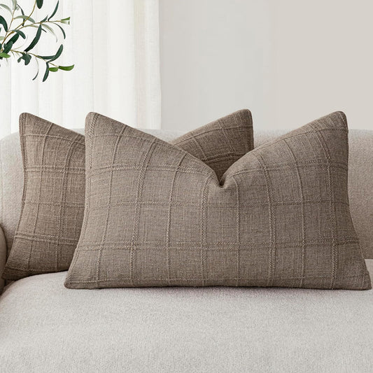 Foindtower Set of 2 Decorative Linen Check Throw Pillow Covers Neutral Farmhouse Lumbar Cushion Covers Modern Boho Home Decor for Sofa Chair Couch Bedroom Living Room Outdoor,12×20 Inch,Tan Taupe