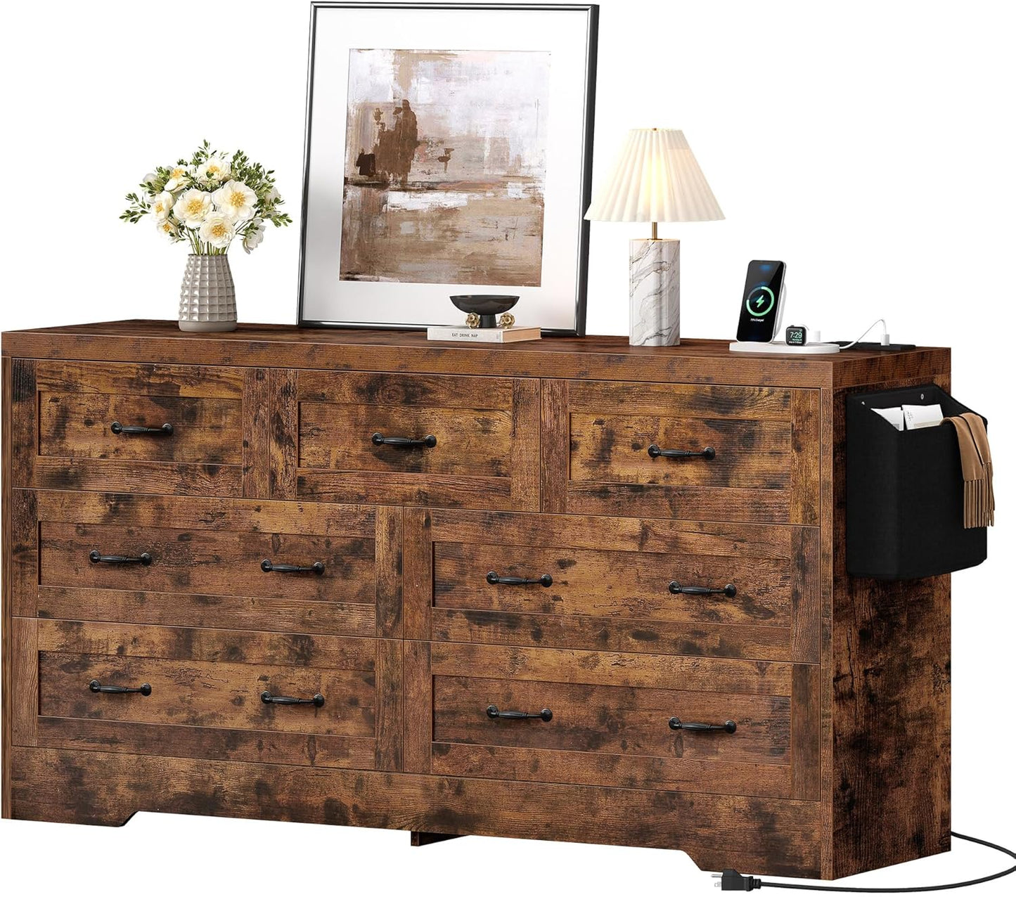 YITAHOME Rustic Brown Drawers TV Stand for 65 inches with Power Outlets -Chest of Drawers Dresser with Side Organizer Bag Entertainment Center TV Console