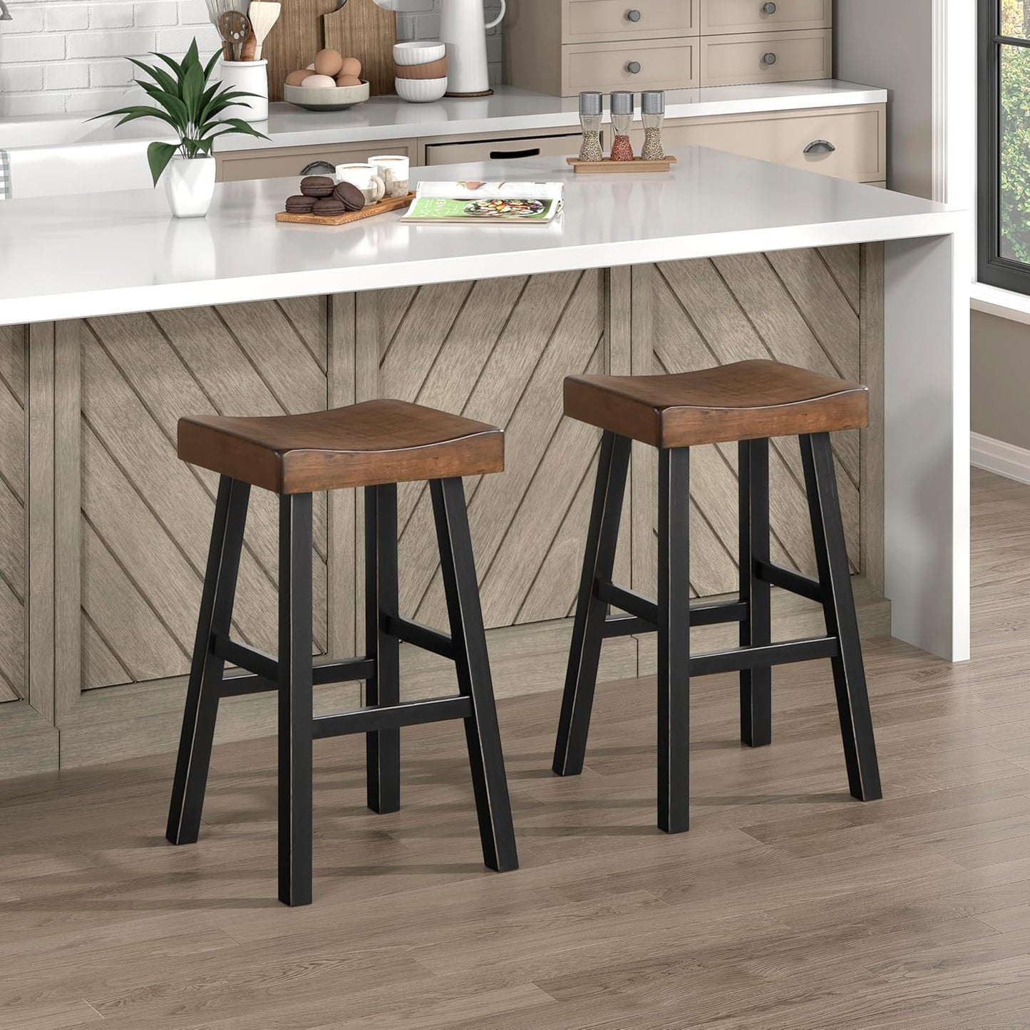 Lexicon Saddle Bar Stools Set of 2 Barstools with Footrest, Armless Dining Chairs for Kitchen Island, Breakfast Nook, Living Room, Pub Height, Black/Brown