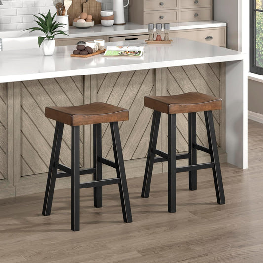 Lexicon Saddle Bar Stools Set of 2 Barstools with Footrest, Armless Dining Chairs for Kitchen Island, Breakfast Nook, Living Room, Pub Height, Black/Brown