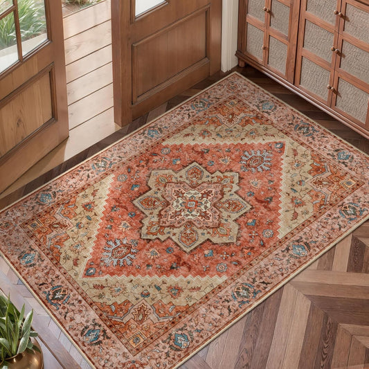 angsoo Vintage 2x3 Washable Rug for Entryway, Non Slip Small Indoor Front Door Rug, Print Distressed Door Mat Carpet, Soft Low Pile Rugs for Entrance Kitchen Bedroom Bathroom