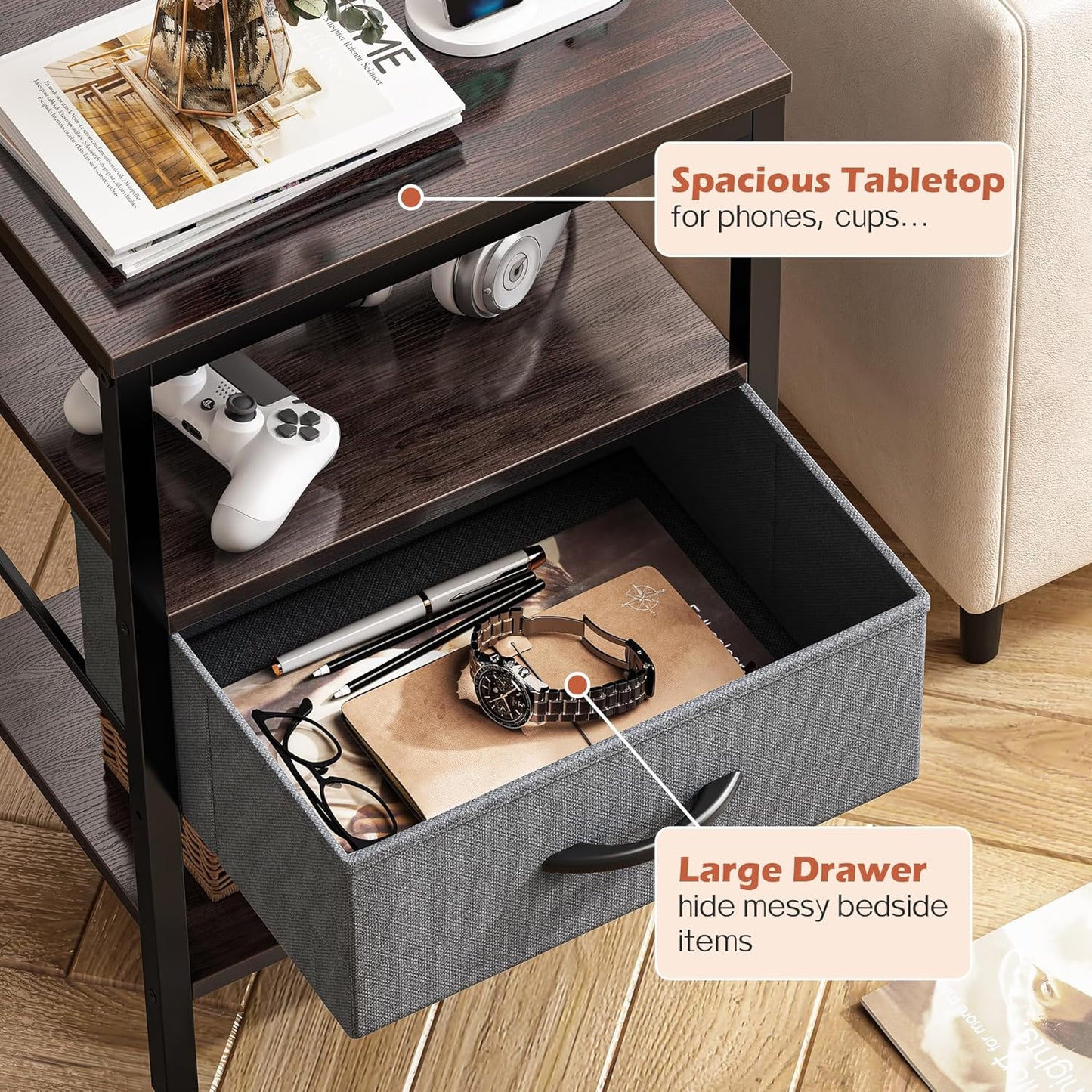 SUPERJARE Nightstand Set of 2, Bed Side Tables with Charging Station, Adjustable Fabric Drawer, Night Stand for Bedroom, 3-Tier Storage End Tables, Walnut