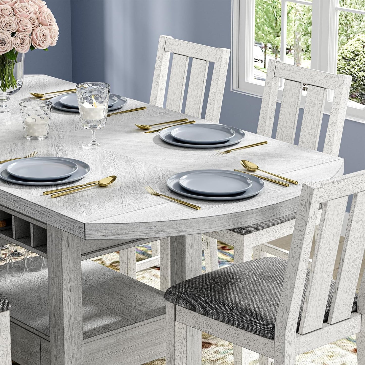 Solid Wood Dining Table Set for 6, Modern Breakfast Dinette Expandable Drop Leaf Kitchen Table with Chairs for Dining Room, Kitchen, Grey