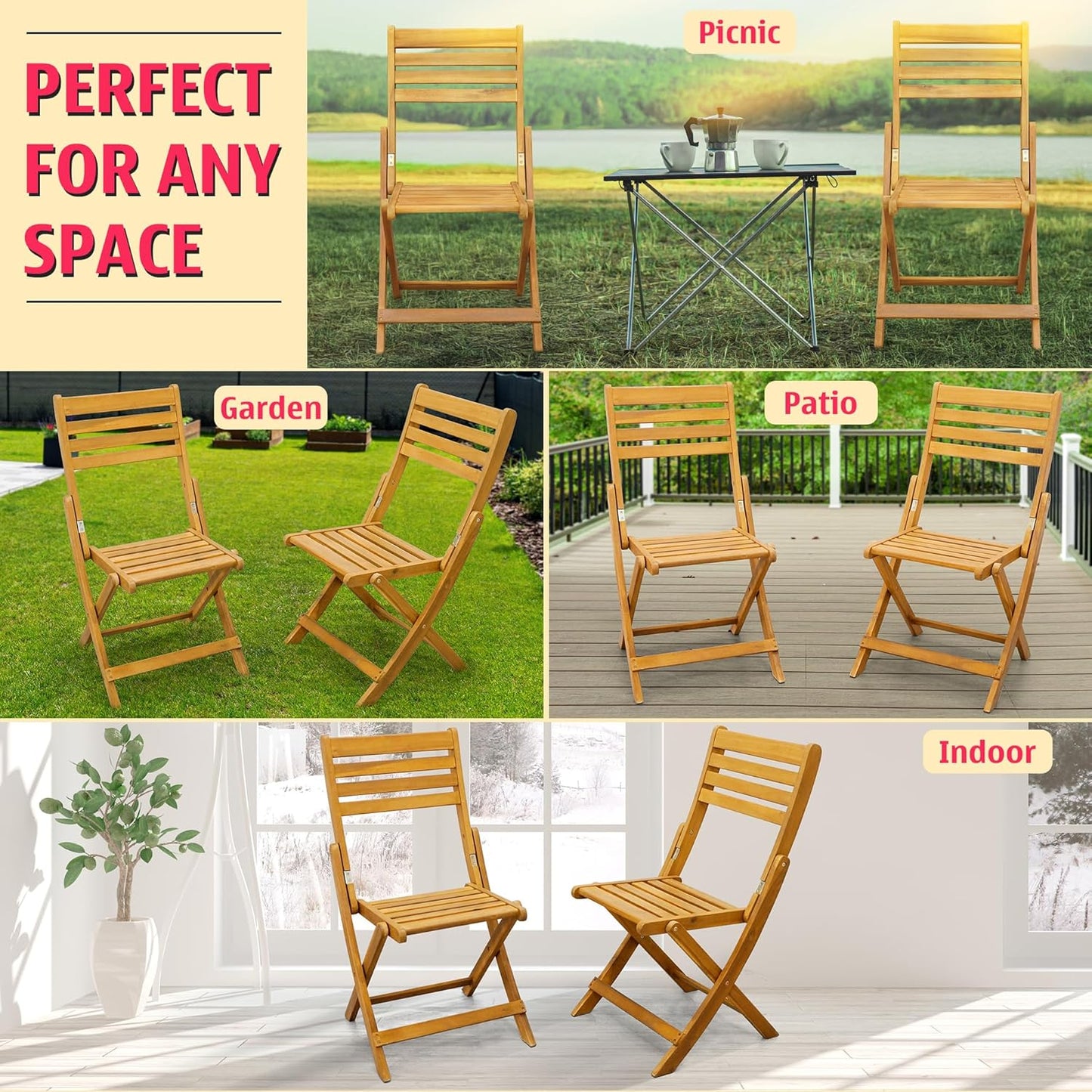 Tranquillo Anya Acacia Wood Folding Chairs Set of 2 – 400lbs Capacity, No Assembly Needed, Indoor & Outdoor Wooden Foldable Dining Chairs, Space-Saving & Portable Design for Home & Events