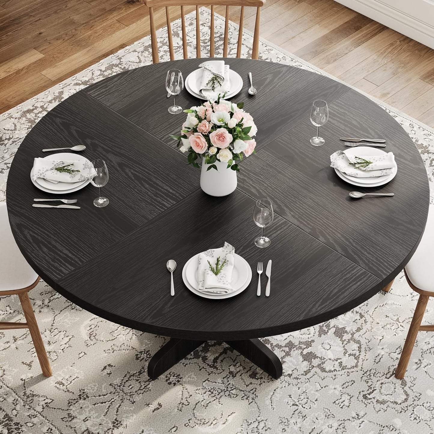 Garvee 47 Inch Round Dining Table for 4, Farmhouse Kitchen Dining Room Circle Dinner Table, Kitchen Dining Room Furniture, Black (Table Only)