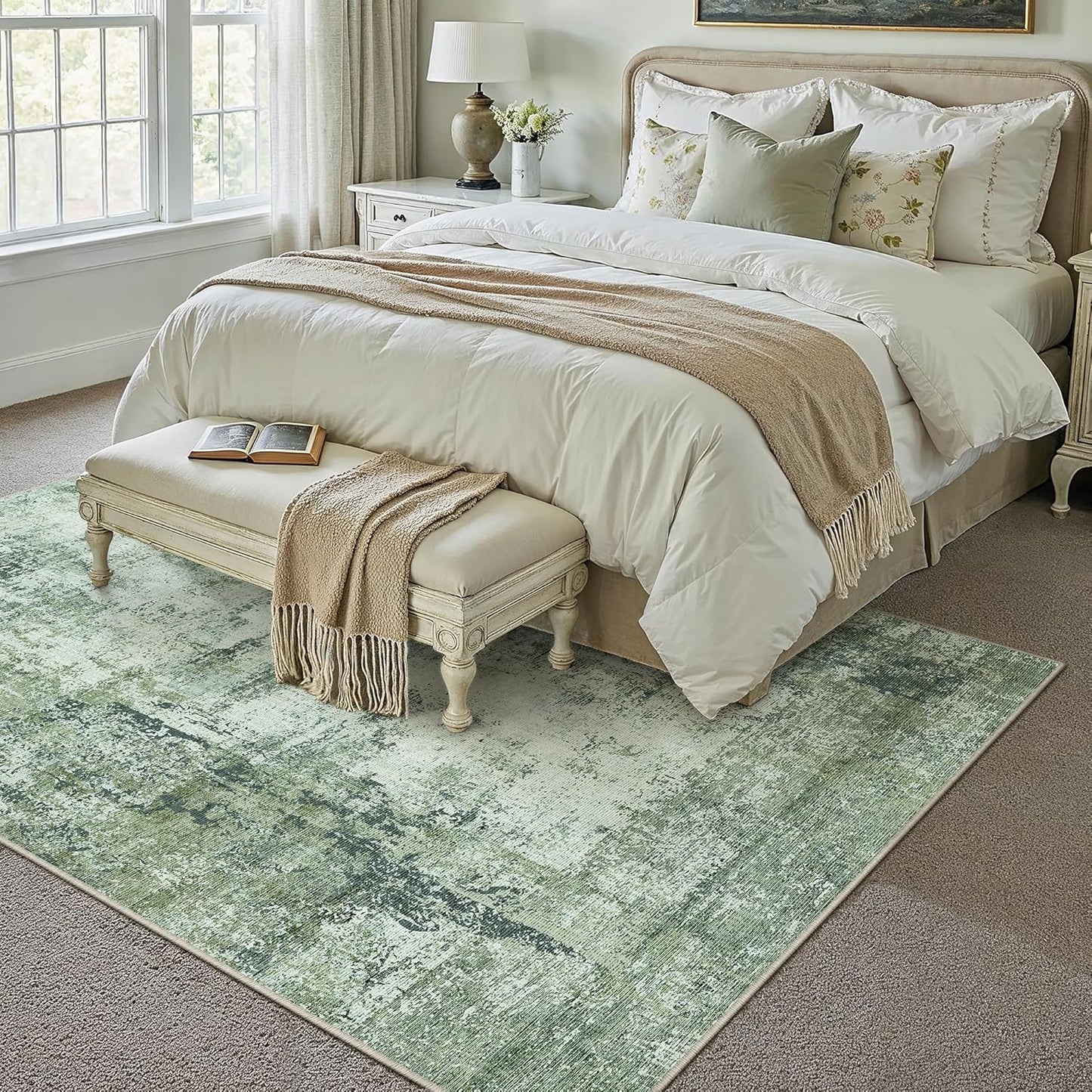5x7 Washable Area Rug Dark Green Modern Neutral Abstract Living Room Bedroom Indoor Floor Carpet Low Pile Soft Non-Slip Lightweight Vacuumable Throw Rug for Kitchen Nursery Dining Room