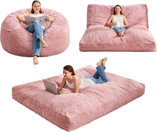 Hobestluk Bean Bag Chair Convertible Beanbag Chairs for Adults, 3 in 1 Bean Bags with Plush Chevron Cover, Adult Bean Bag Chair for Living Room, Bedroom (Pink, Queen)