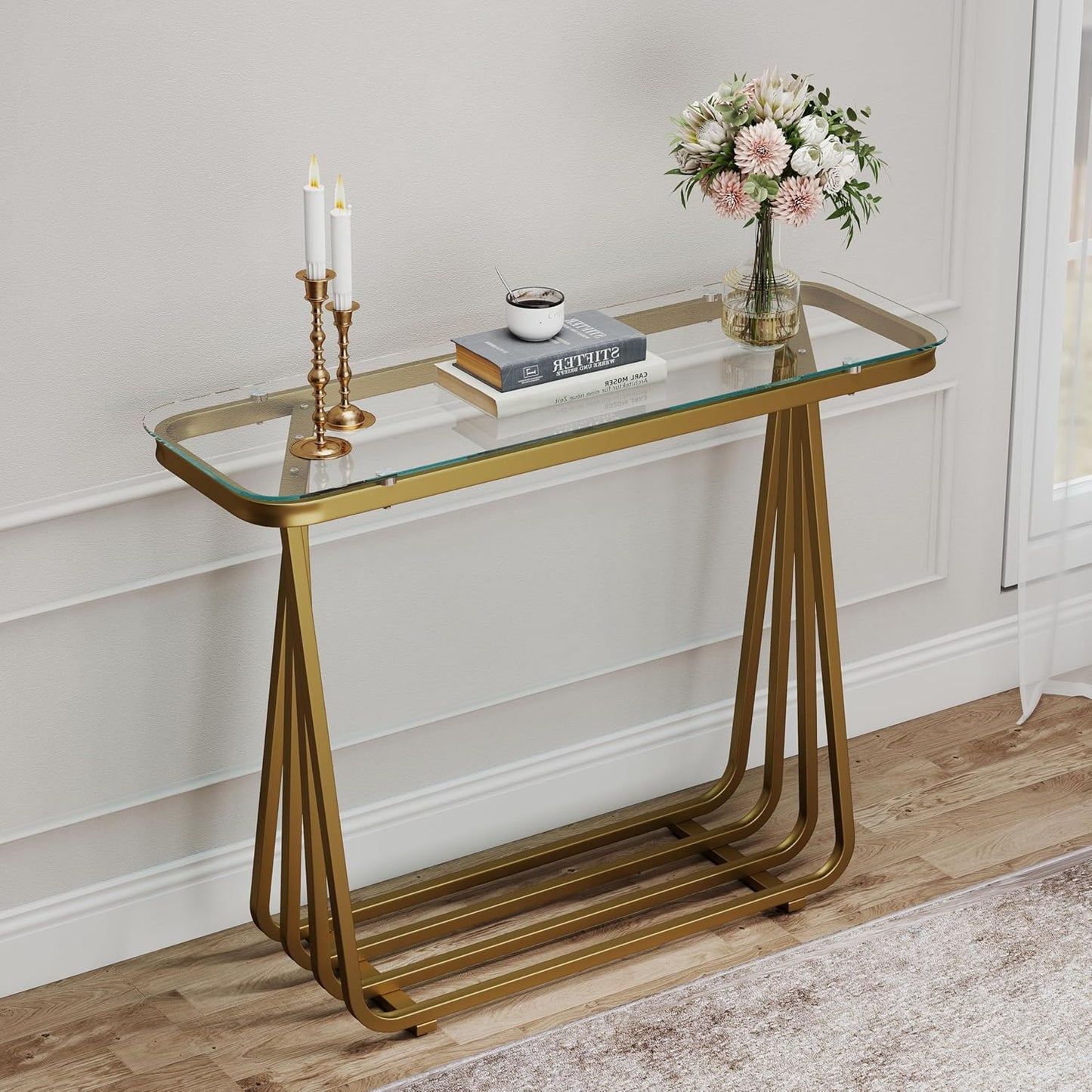 OIOG Glass Console Table for Entryway, Modern Entrance Table with Tempered Glass, Gold Sofa Table for Living Room Hallway