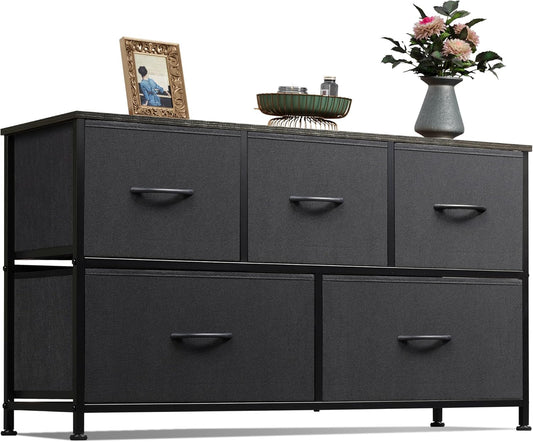 WLIVE Dresser for Bedroom with 5 Drawers, Wide Chest of Drawers, Fabric Dresser, Storage Organizer Unit with Fabric Bins for Closet, Living Room, Hallway, Charcoal Black