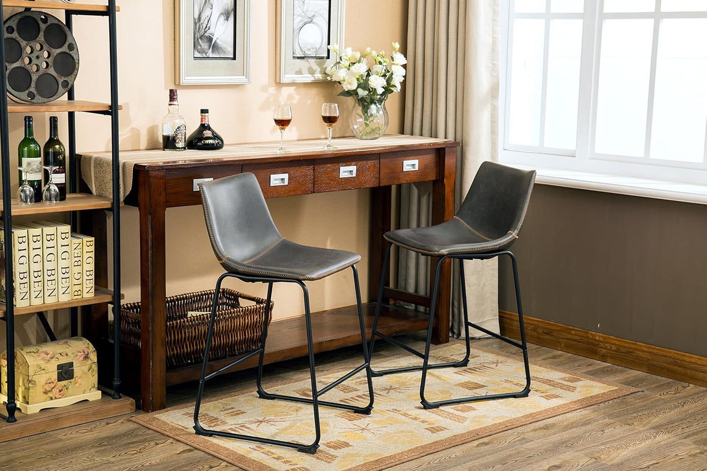 Roundhill Furniture Lotusville Vintage PU Leather Counter Height Stools, Antique Gray, Set of 2