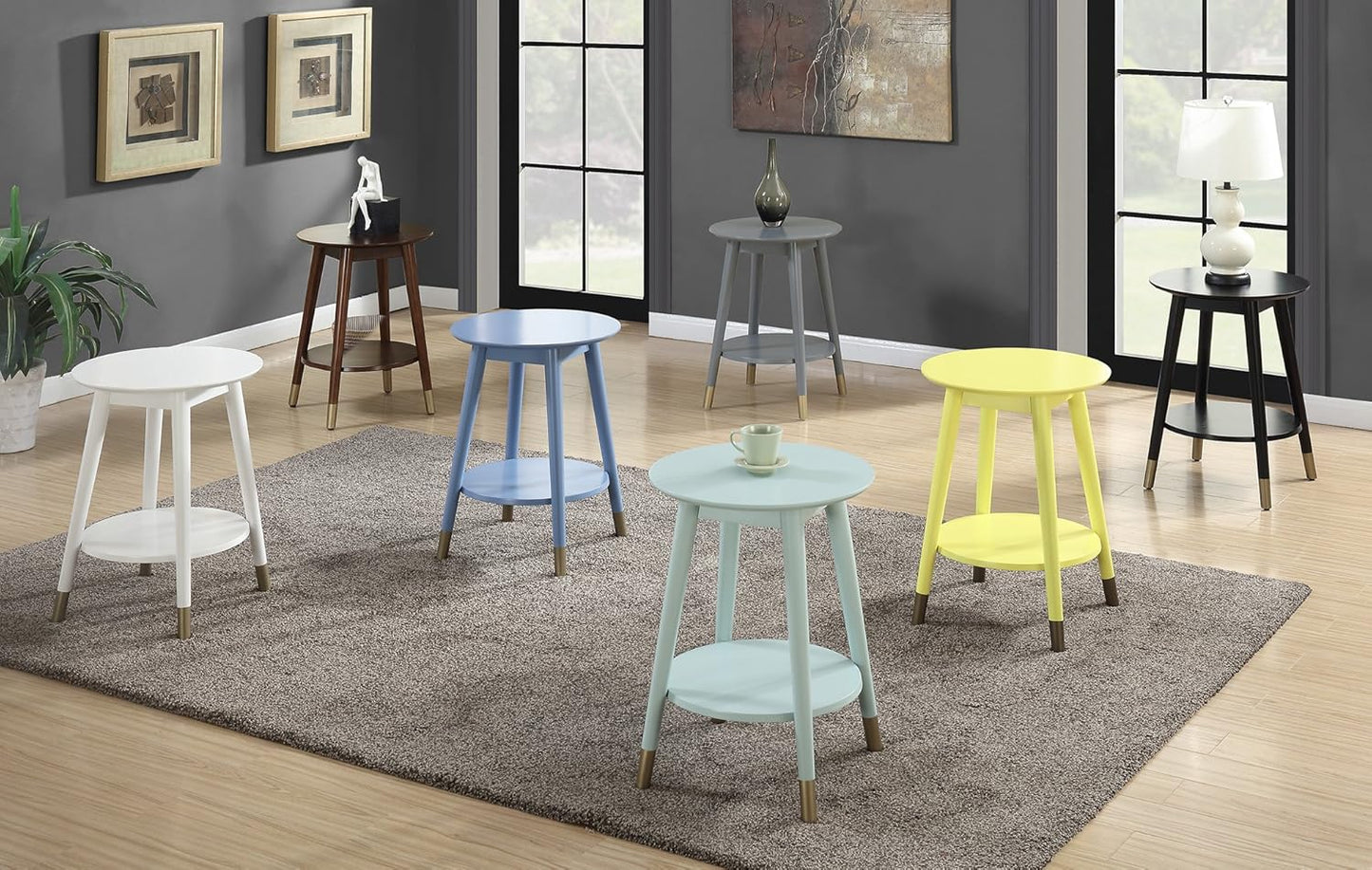 Convenience Concepts Wilson Mid Century Round End Table with Bottom Shelf, Black