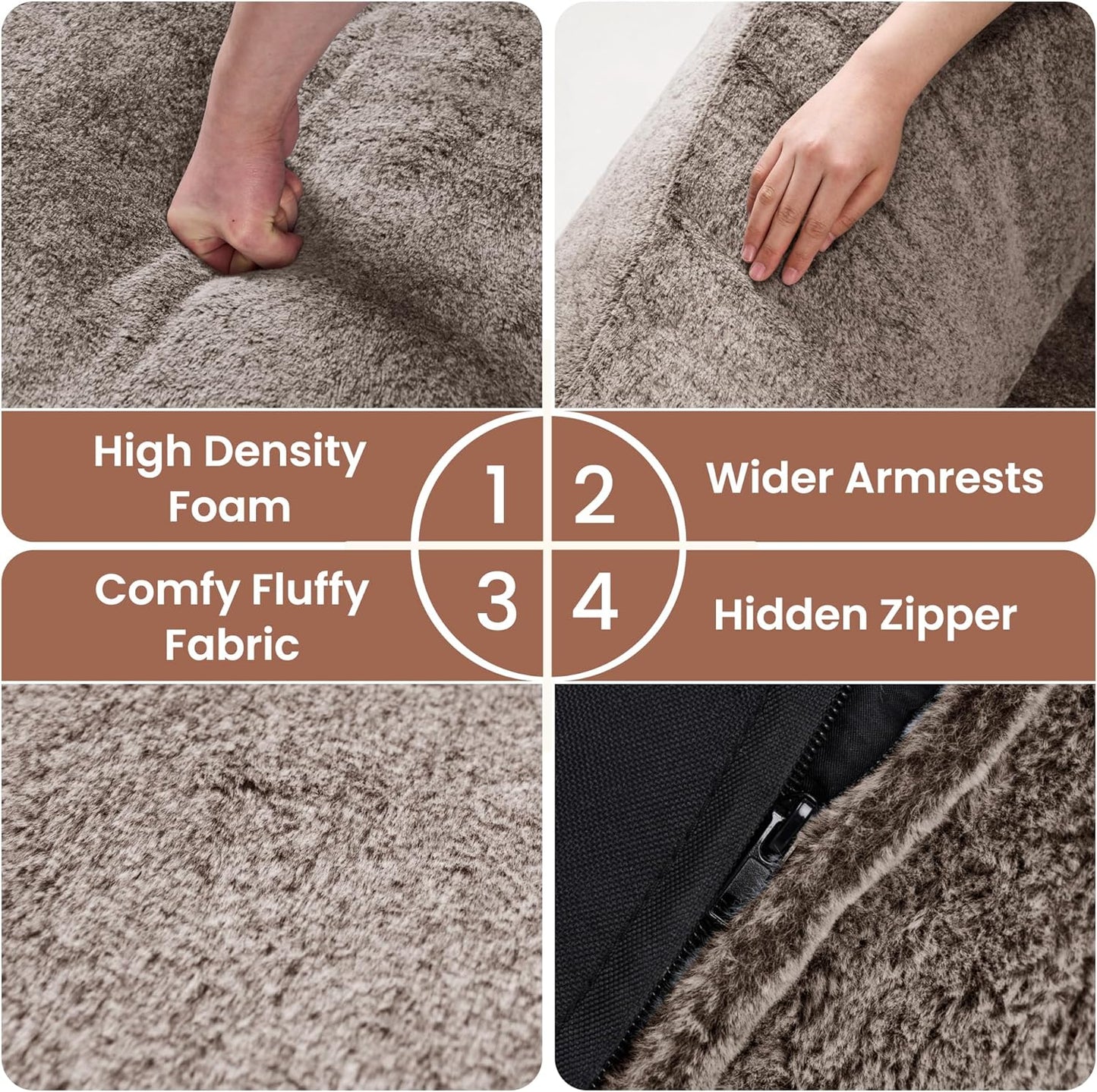 Bean Bag Chairs for Adults, Giant Beanbag Sofa Comfy Reading Chair, Oversized Bean Bag Chairs for Living Room Bedroom, Soft Faux Fur Fabric, 3.2FT, Khaki, Plush