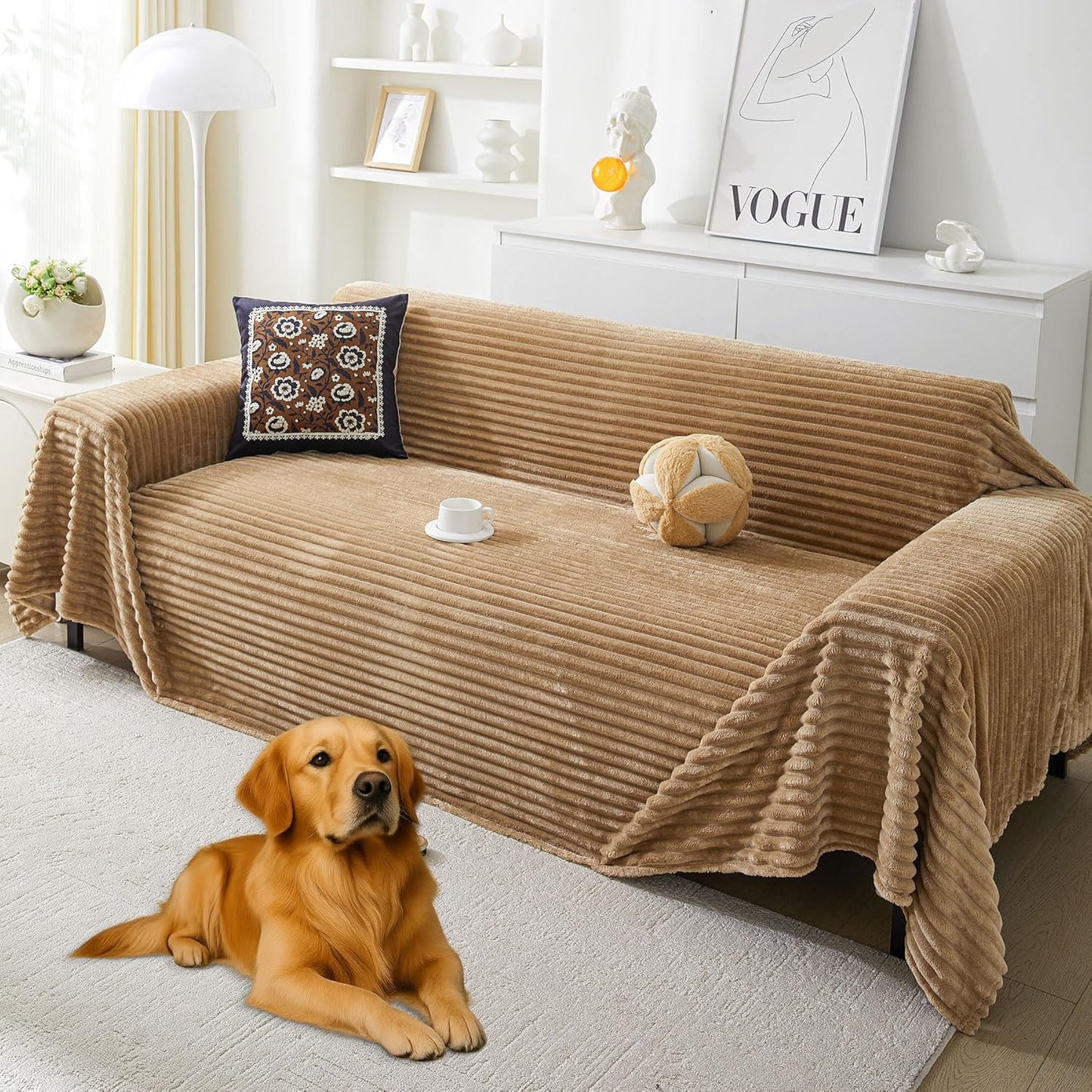 HAOMAIJIA Faux Fur Sofa Covers Couch Covers for 2 Cushion Couch Sofa Pet Friendly Soft Non Slip Couch Cover for Dogs Washable Sectional Couch Covers L Shape Furniture Protector (Khaki, 71"x118")