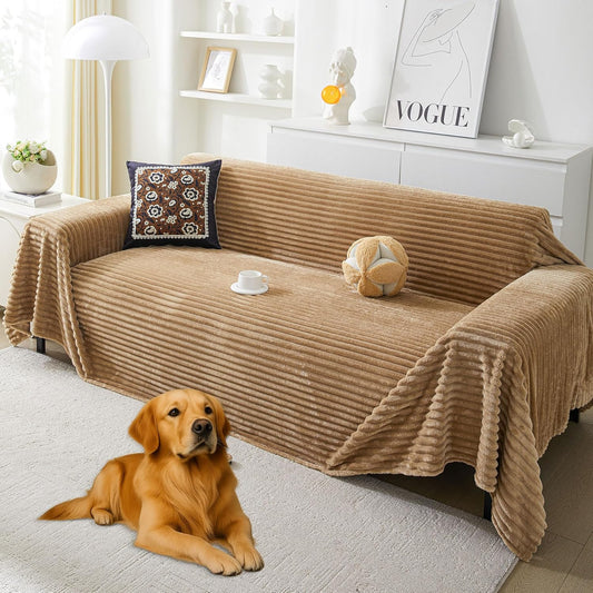 HAOMAIJIA Faux Fur Sofa Covers Couch Covers for 3 Cushion Couch Sofa Pet Friendly Soft Non Slip Couch Cover for Dogs Washable Sectional Couch Covers L Shape Furniture Protector (Khaki, 71"x134")