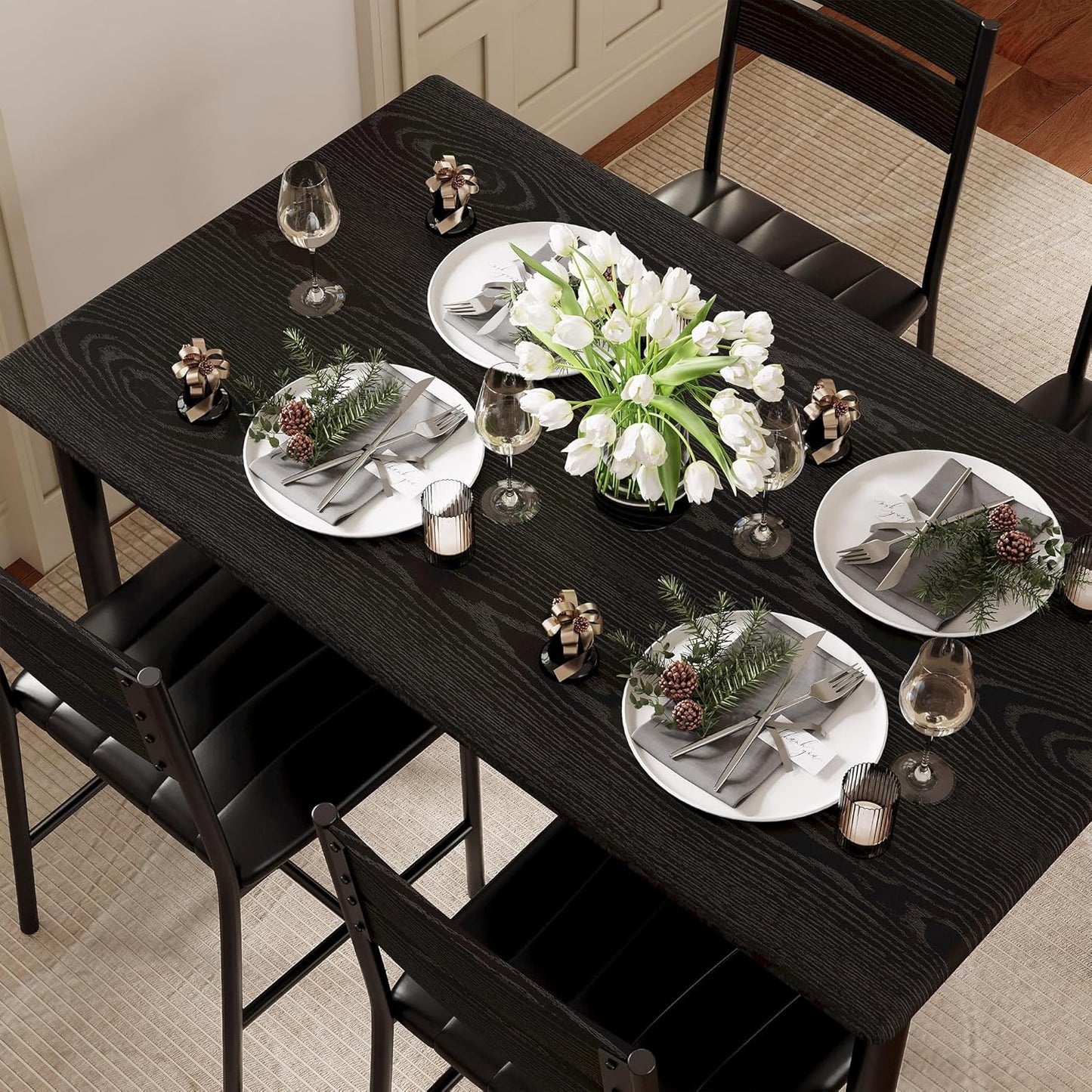 IRONCK Dining Table Set for 4, Wood Kitchen Table with Upholstered Chairs for Kitchen & Dining Room, Compact Dining Set for Small Spaces, Black