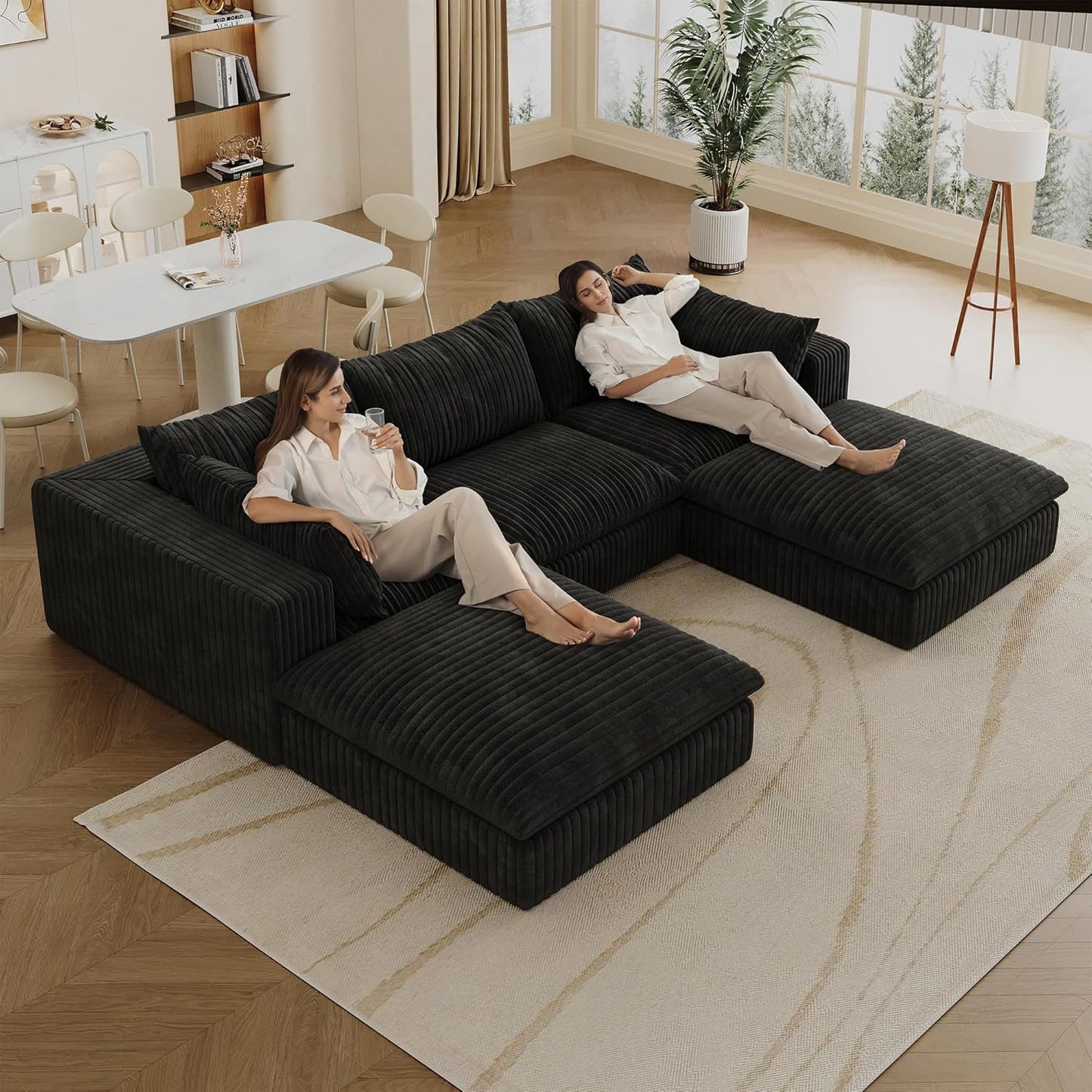 Down Filled Boneless Sectional Sofa Cloud Couch with Movable Ottomans, 118 inch Convertible U Shaped Lounge Couch w/Deep Seat, Fluffy Corduroy Upholstered Compress Modular Sofa