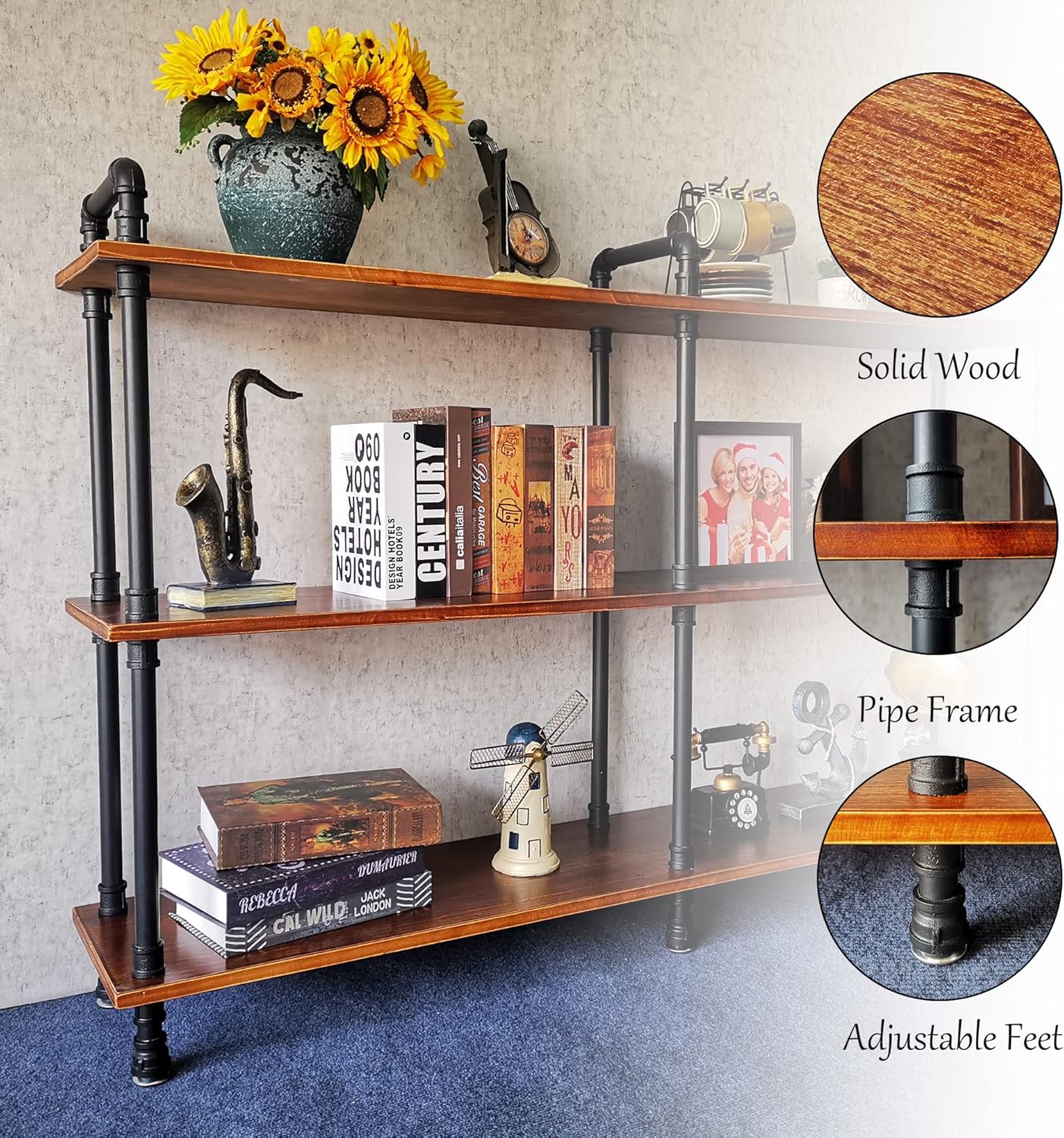 3 Tier Long Industrial Bookshelf, 3 Realwood Industrial Pipe Bookshelf for Living Room, Entry, Office (Rustic Brown, 60" L x 11.8" W x 39" H)
