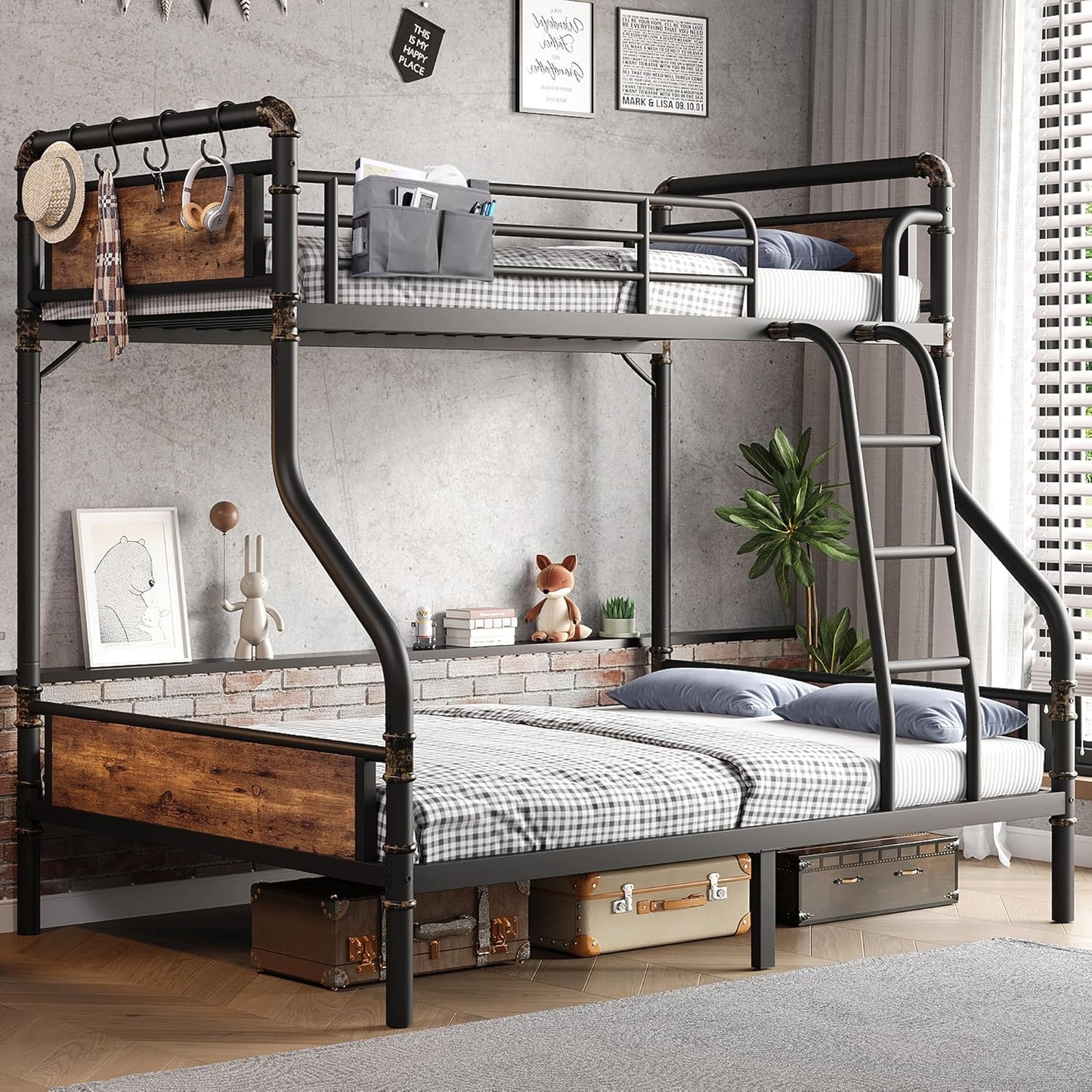 Metal Bunk Bed Twin Over Full, Industrial Bunkbeds Heavy Duty Bed with Safety Guard Rails and Space-Saving Design, Steel Bed for School, Bedroom (Vintage Brown)