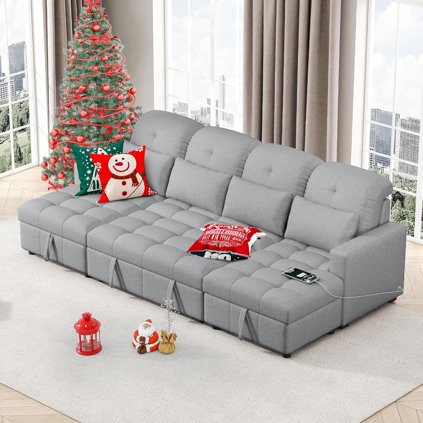 Ball & Cast 110.2" Oversized Versatile Sectional Sleep Sofa with Two USB Ports,U-Shape 4 Seat Pull-Out Couch w/Double Storage Chaise Lounges,for Living Room,Apartment,Office,Gray