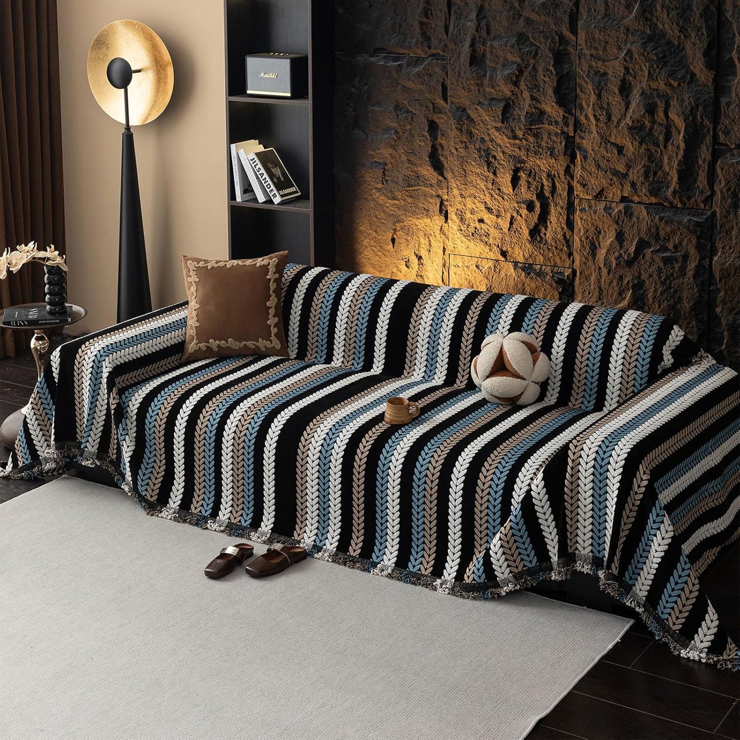 STACYPIK Boho Chenille Sofa Cover, Soft Jacquard Leaves Couch Cover, Non-Slip Loveseat Cover for Sectional Sofa, Washable Pet Protector for 3 Cushion Couch,Multi-use Vintage Throw Slipcover-71x134IN