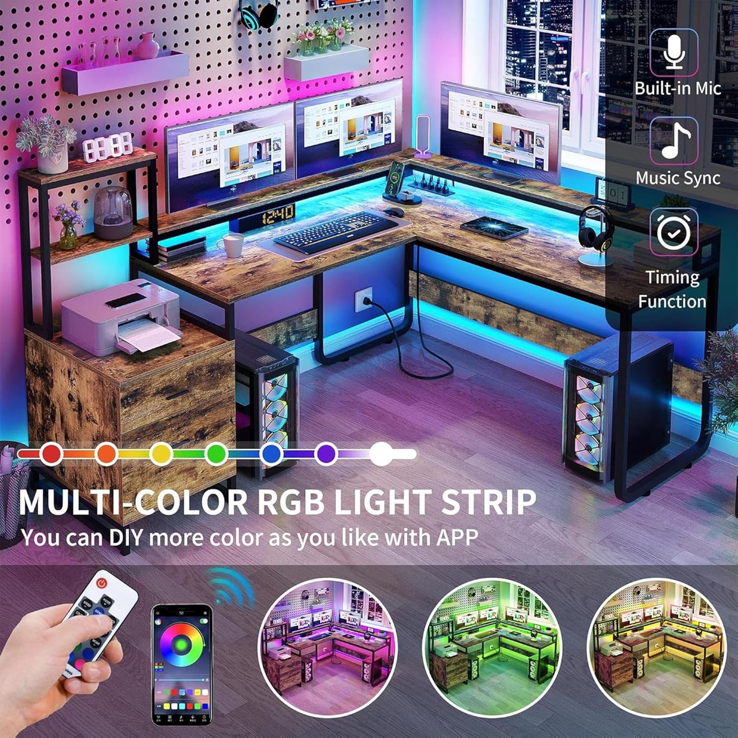 DWVO L Shaped Desk with Drawers, Reversible Computer Desk with Power Outlets, Corner Office Desk with Storage Shelves & LED Lights & Printer Stand, Rustic Brown