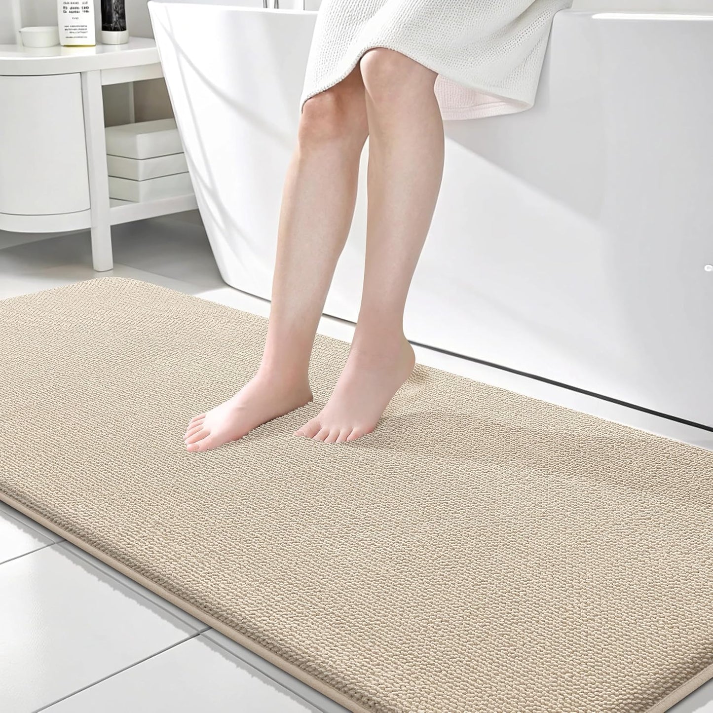 OLANLY Thick Memory Foam Bath Mat Rug 70x24, Extra Soft Absorbent Bathroom Rug, Quick Dry Bath Mats, Non-Slip, Machine Washable Carpet for Bathroom, Tub and Shower, Home Decor Accessories, Beige