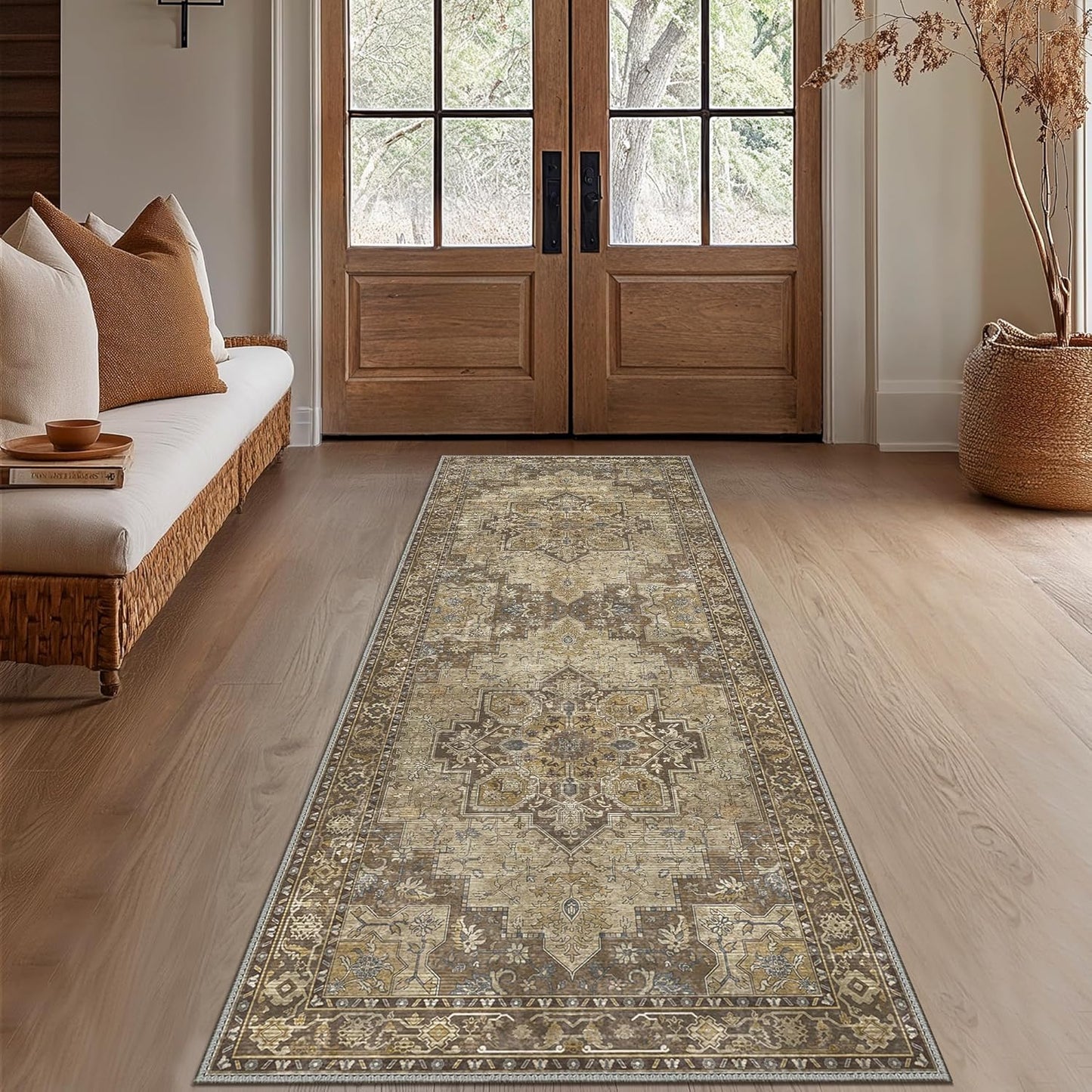 GENIMO 2x8 Runner Rugs for Hallway, Machine Washable Non Slip Vintage Rugs, Low Pile Lightweight Soft Print Rug for enrtyway, Corridor, Home Office, Kitchen, Rustic Brown