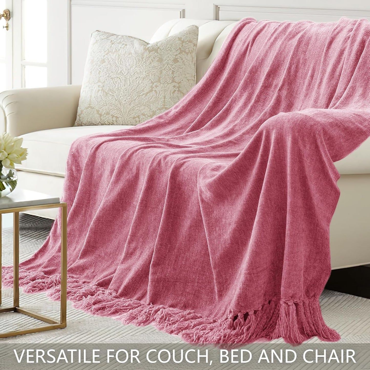 Chenille Throw Blanket for Couch 60"X 80" Twin, Soft Cozy Throws with Fringe Tassel for Bed Sofa Chair Cover, Lightweight Knitted Decorative Boho Blankets for Living Room, Rose Pink