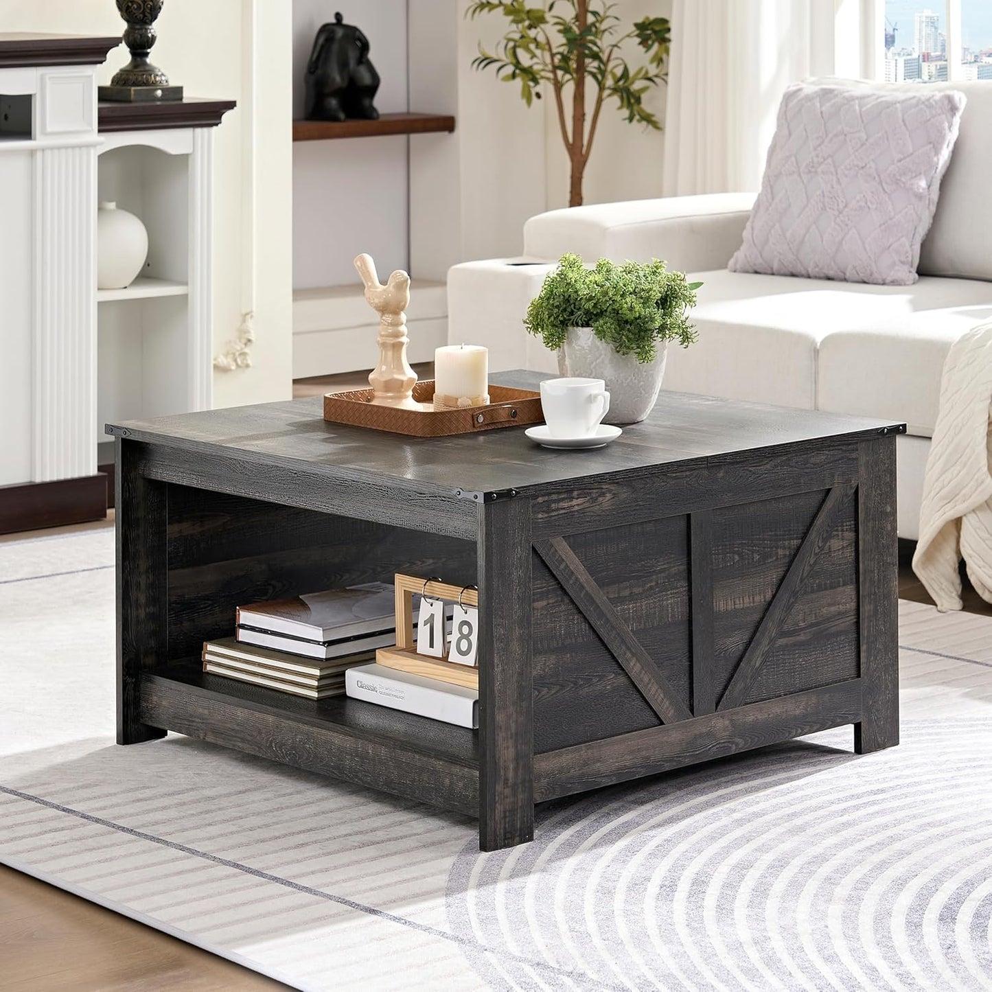 Farmhouse Coffee Table for Living Room, Wood Square Coffee Tables, 31.5" D x 31.5" W, Dark Rustic Oak