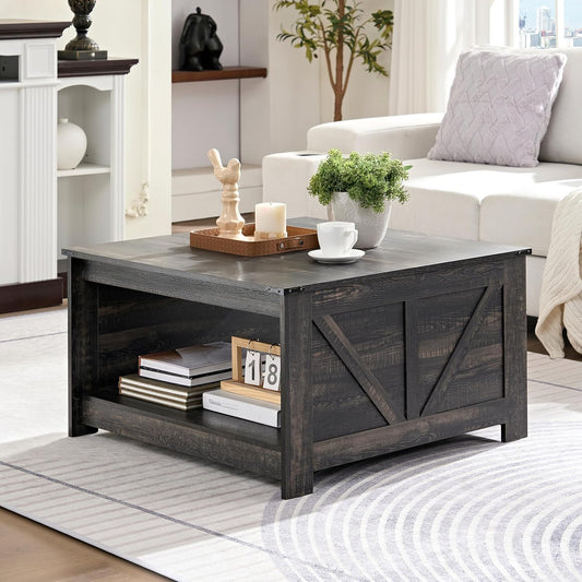 Farmhouse Coffee Table for Living Room, Wood Square Coffee Tables, 31.5" D x 31.5" W, Dark Rustic Oak