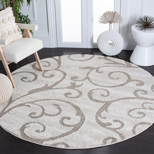 SAFAVIEH Florida Shag Collection Area Rug - 6'7" Round, Ivory & Beige, Scroll Design, Non-Shedding & Easy Care, 1.2-inch Thick Ideal for High Traffic Areas in Living Room, Bedroom (SG455-13LT)