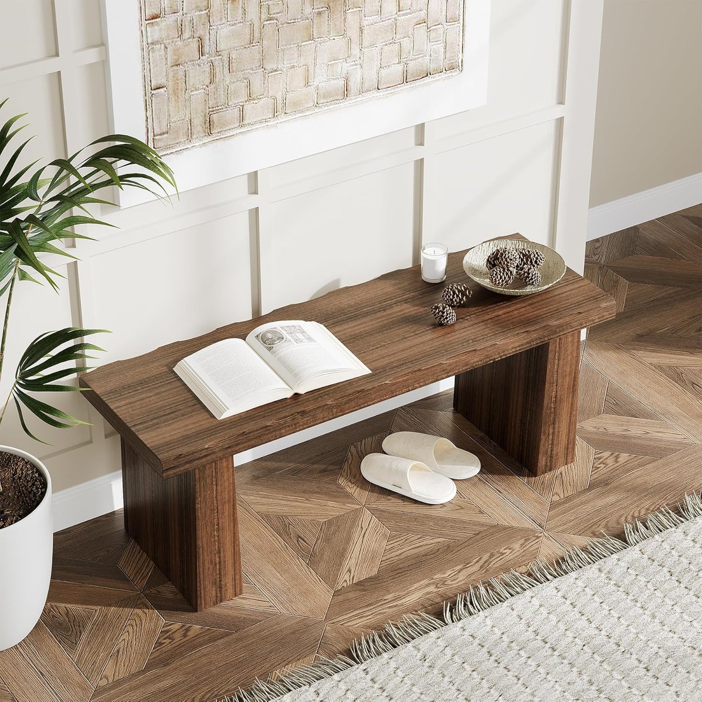 LITTLE TREE 47-Inch Wooden Entryway Bench, Farmhouse Dining Bench with Sturdy Frame for Dining Room, Bedroom, Living Room Hallway Kitchen, Easy Assembly (Mahogany)