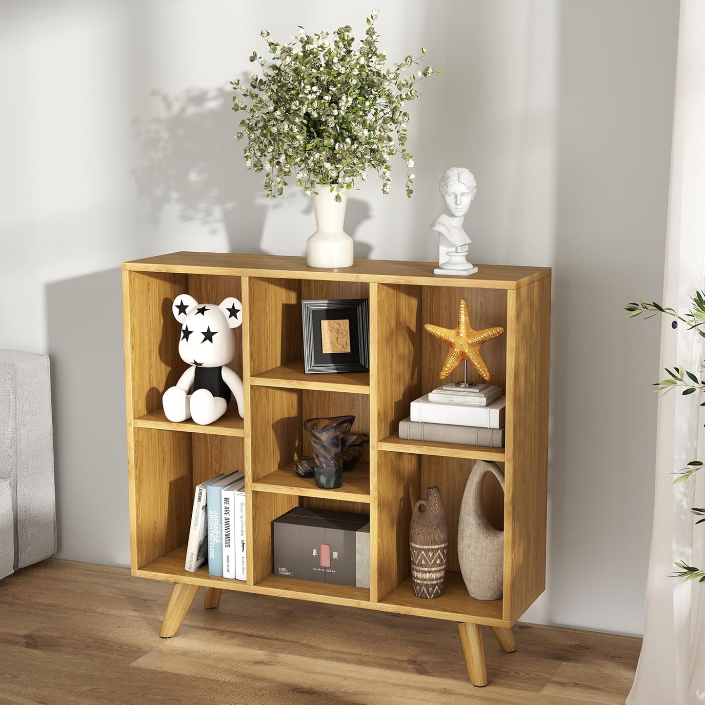 Manora Bookshelf with 7 Open Storage Cubes, Wooden Bookcase Organizer, Rustic Modern Display Shelf for Living Room, Bedroom, Office