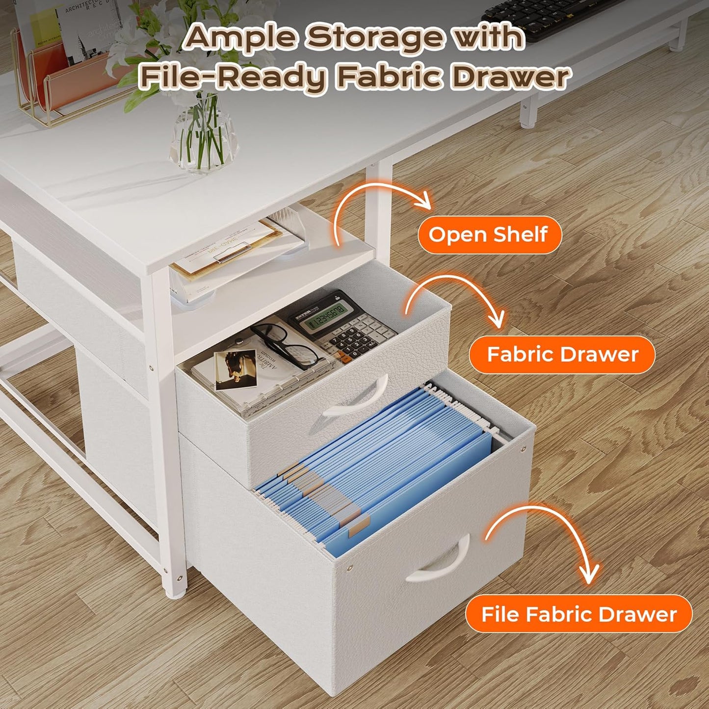 PRAISUN 63 Inch L Shaped Desk with Power Outlets and USB-C Port, Computer Corner Home Office Desk with File Fabric Drawers and Movable Monitor Stand, Larger Storage, Gaming, Writing, Work, White
