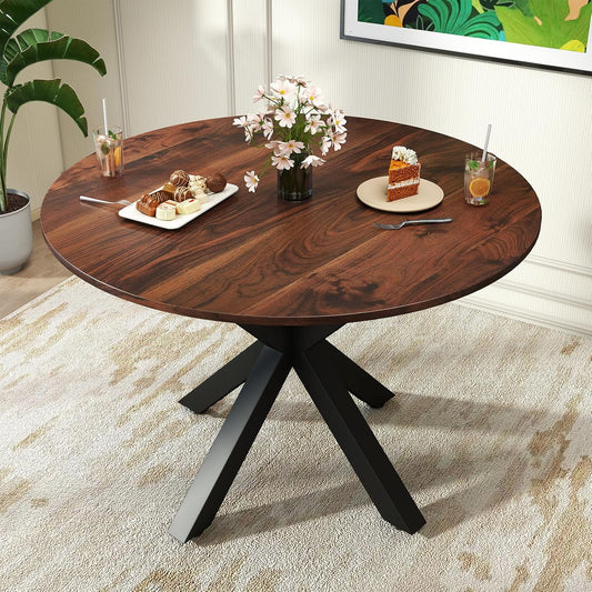 Round Dining Table, 42" Kitchen Dining Table for 4-6, Small Round Table with Metal Cross Legs, Modern Round Dining Room Table for Kitchen, Apartment, Living Room, Brown