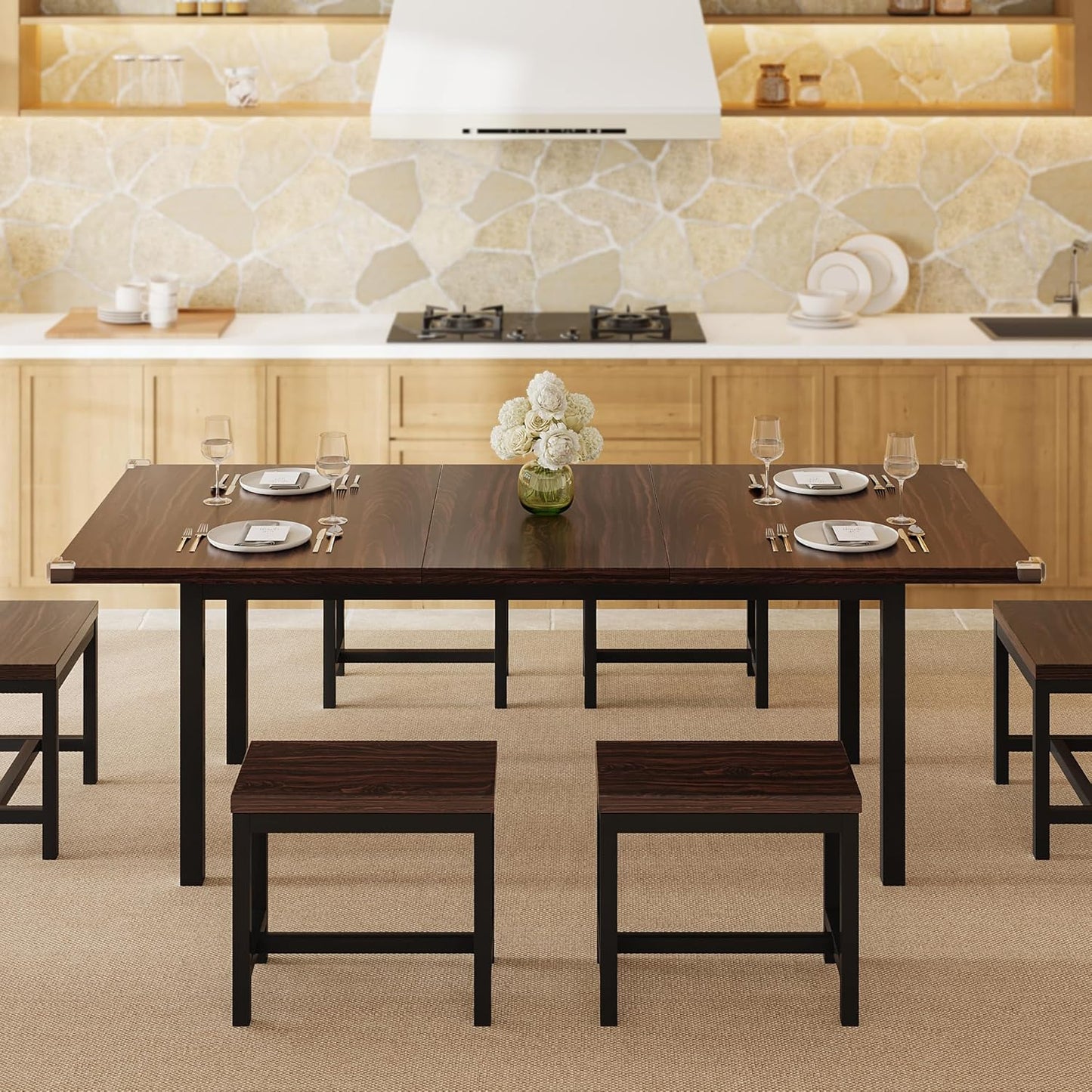 7-Piece Dining Table Set, 63" Extendable Kitchen Room Table with 6 Stools, Mid Century Modern Dinner Table with Metal Frame & MDF Board, Space-Saving, Easy Assembly, Espresso