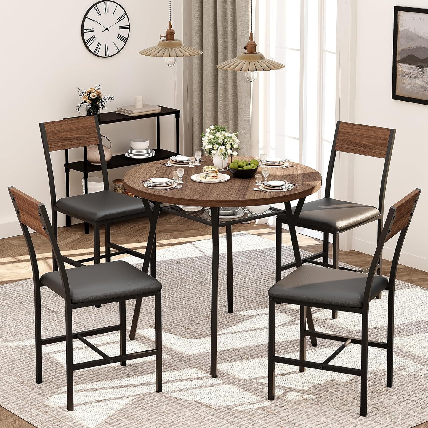 Pamapic Round Dining Table Set for 4, Kitchen Table and Chairs for 4, Dining Room Circle Dinner Pedestal Table, Solid Metal Frame,Space Saving Wood Kitchen & Dining Room Furniture,Walnut