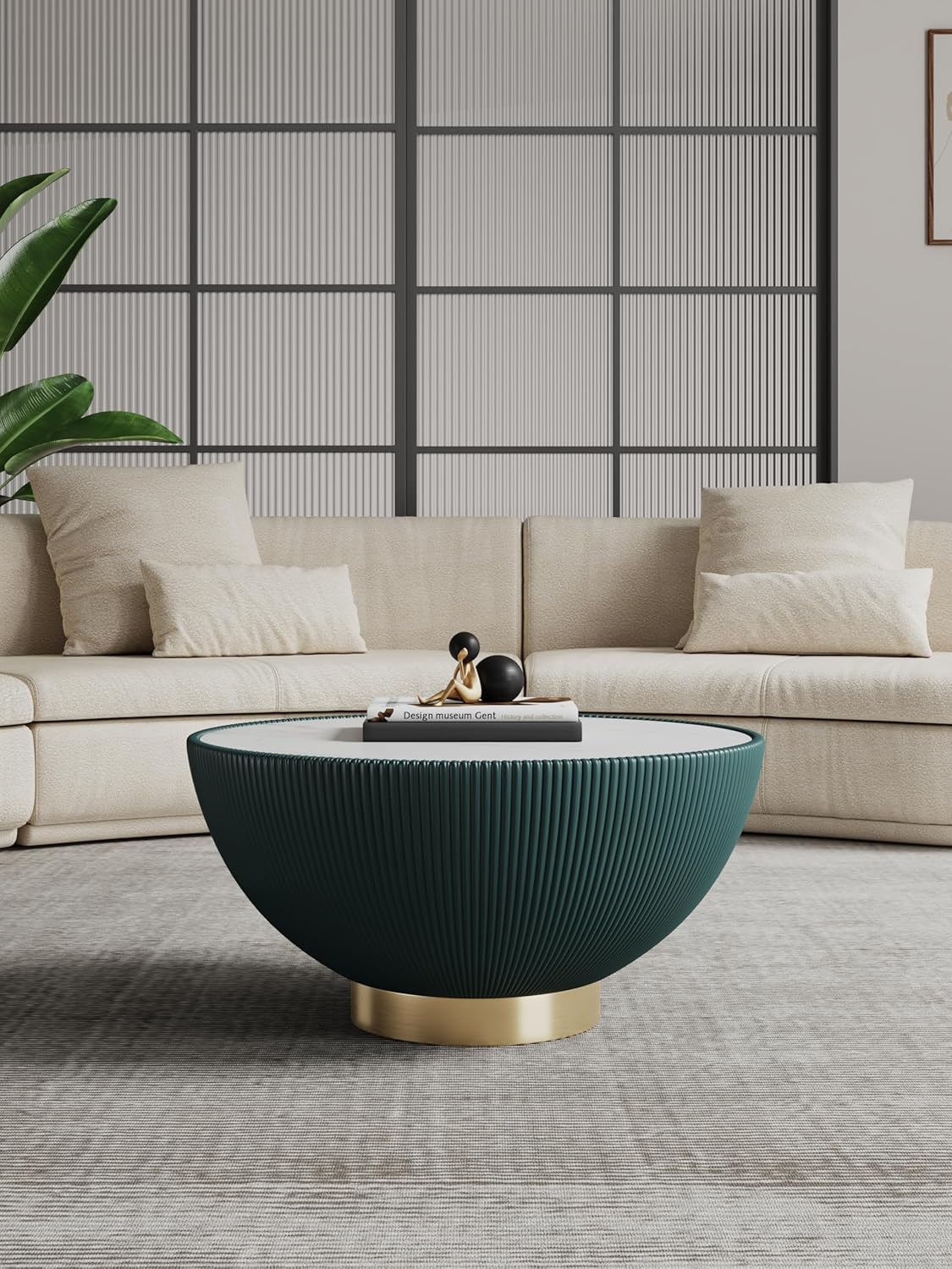 Manhattan Comfort Anderson Modern 28.15" Round Coffee Table 2.0 - Ceramic Marble Tabletop, Elegant Pleated Leatherette Details & Gold Base, Fully Assembled Accent Furniture, Set of 1, Green