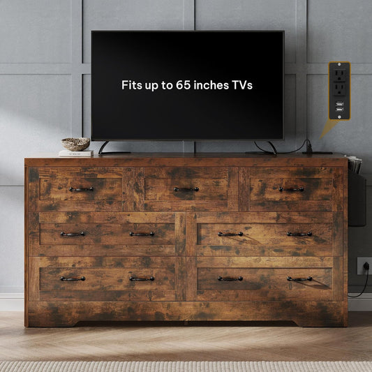 YITAHOME Rustic Brown Drawers TV Stand for 65 inches with Power Outlets -Chest of Drawers Dresser with Side Organizer Bag Entertainment Center TV Console