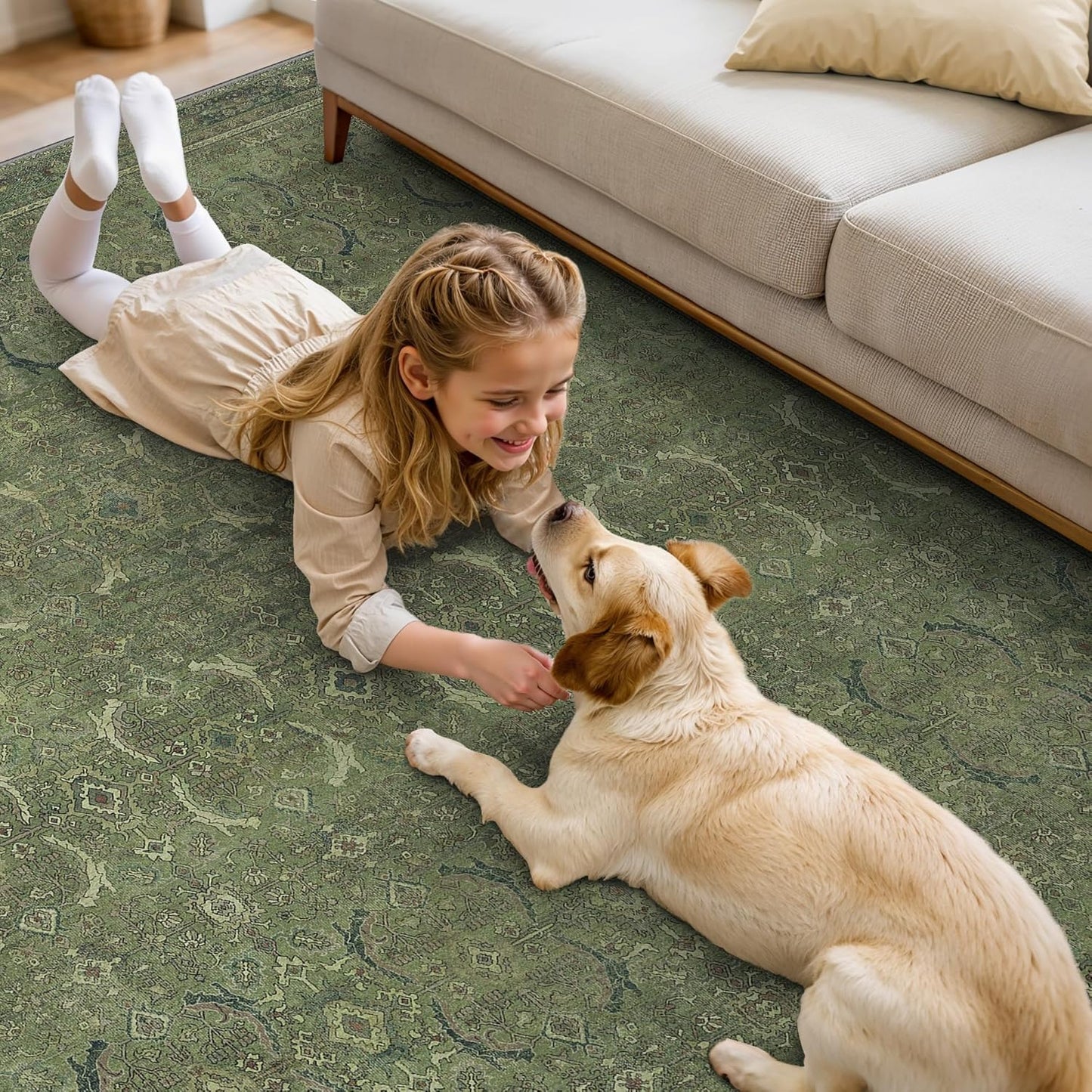 9X12 Area Rugs Machine Washable Rugs for Living Room, Vintage Boho Large Rugs for Bedroom Dining Room, Non Slip Indoor Soft Distressed Lightweight Thin Low Pile Carpet, Vivid Green