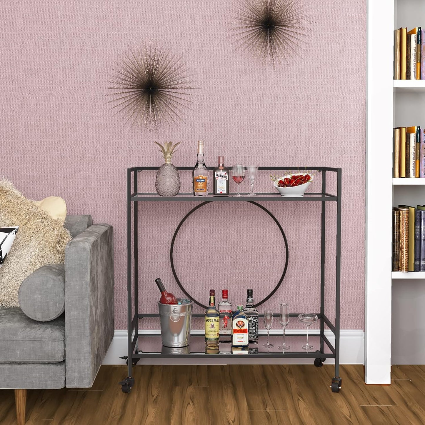 RiteSune Black Bar Cart with Wheels, Vintage Serving Cart Wine Cart with 2 Mirror Shelves, Alcohol Cart Liquor Bar Carts for Home Bar