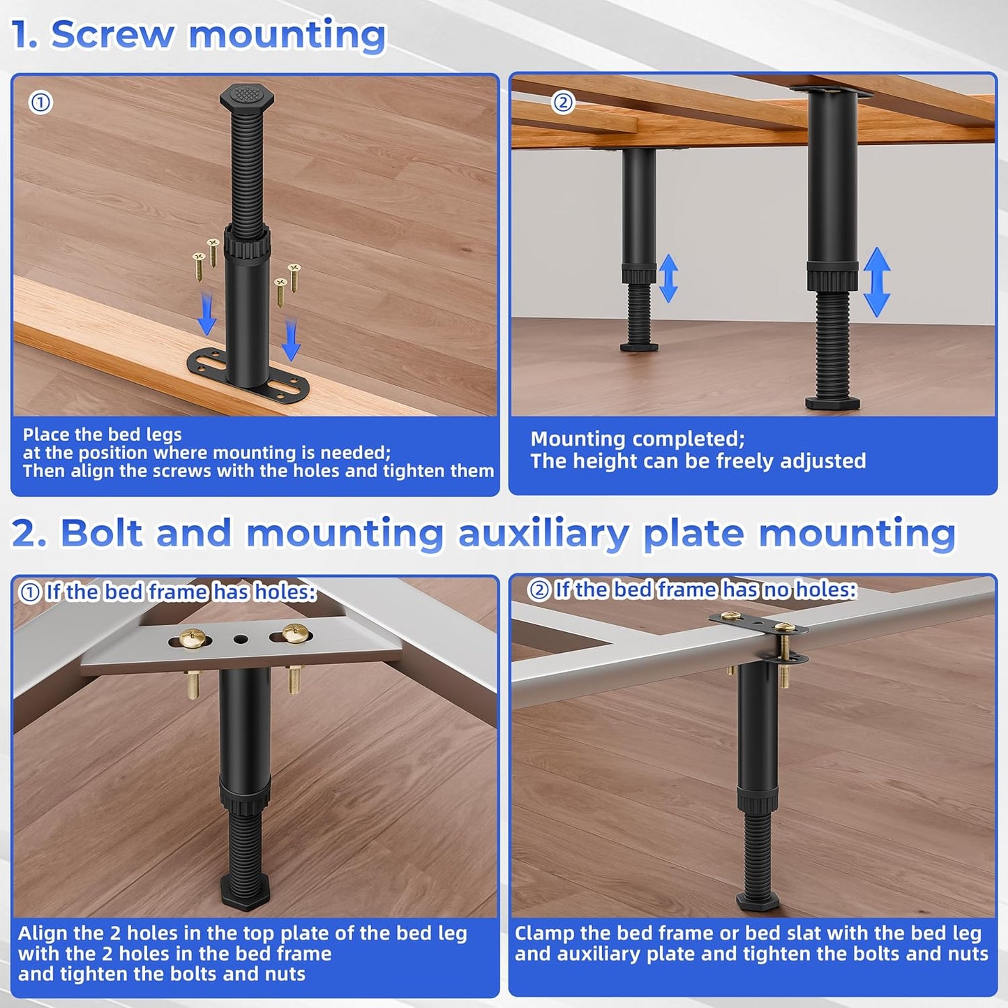 6 Pcs Adjustable Height Bed Support Legs 7.08-12.5 inch with Locking Ring, Bed Frame Center Support Legs for Bed Frame/Bed Center Slat/Furniture, Bed Legs Replacement Bed Slats Support Legs
