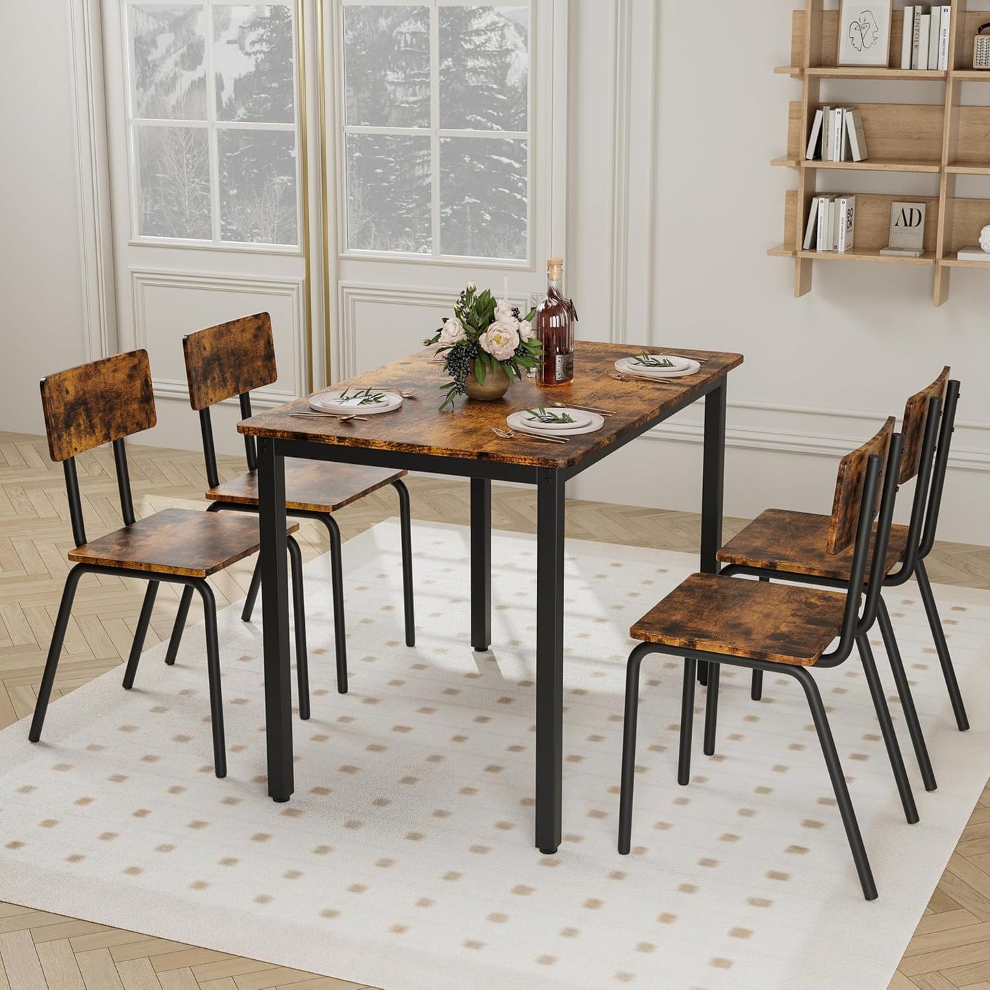 Ball & Cast 5 Pieces Dining Table Set with 4 Chairs,Kitchen Table and Chairs for 4 W/ 43" Rectangle Desk,Living Room Furniture W/Anti-Slip Foot Pads and Corner Protection,for Small Space,Brown
