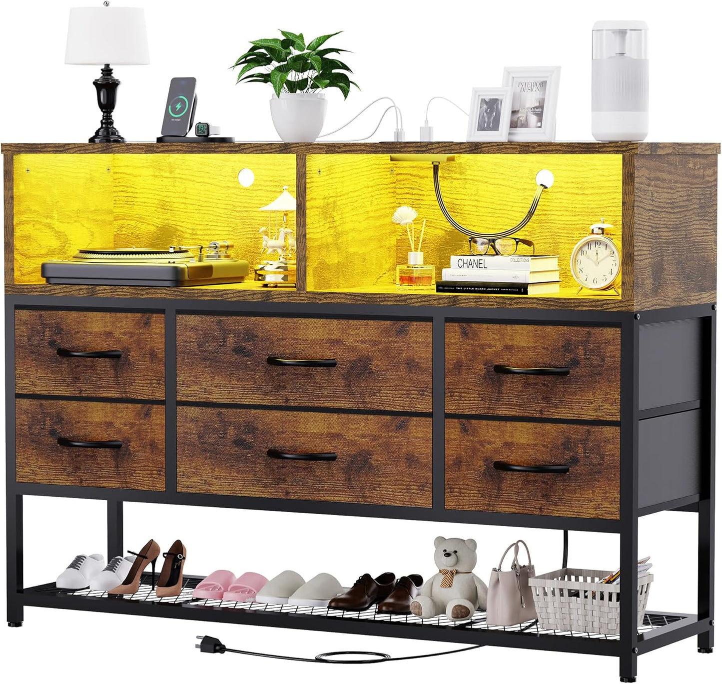 Dresser for Bedroom, 6 Drawers Led Dresser TV Stand with Power Outlets and LED Lights, Long Fabric Dressers Wide Chest of Drawers with Large Organizer Shoe Rack for Living Room, Entryway