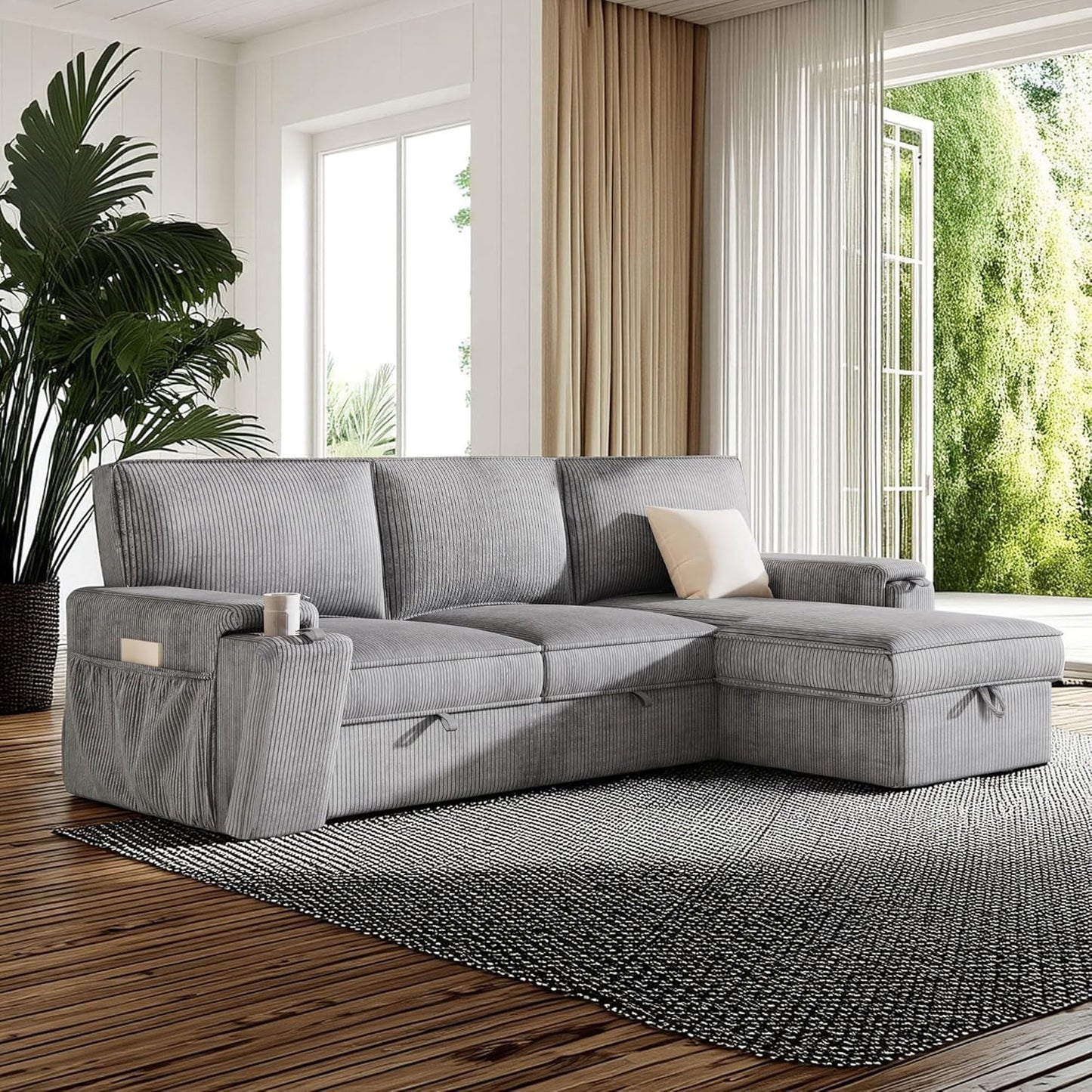 96.1 Inch L-Shaped Convertible Sectional Sleeper Sofa with Pull Out Bed, Storage Bags and 2 Hidden Cup Holders on Arms, Upholstered Corner Couch for Living Room Office Apartment, Gray