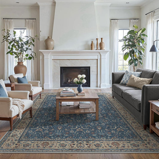 8X10 Area Rugs Machine Washable Rugs for Living Room, Vintage Boho Large Rugs for Bedroom Dining Room, Non Slip Indoor Soft Distressed Lightweight Thin Low Pile Carpet, Indigo