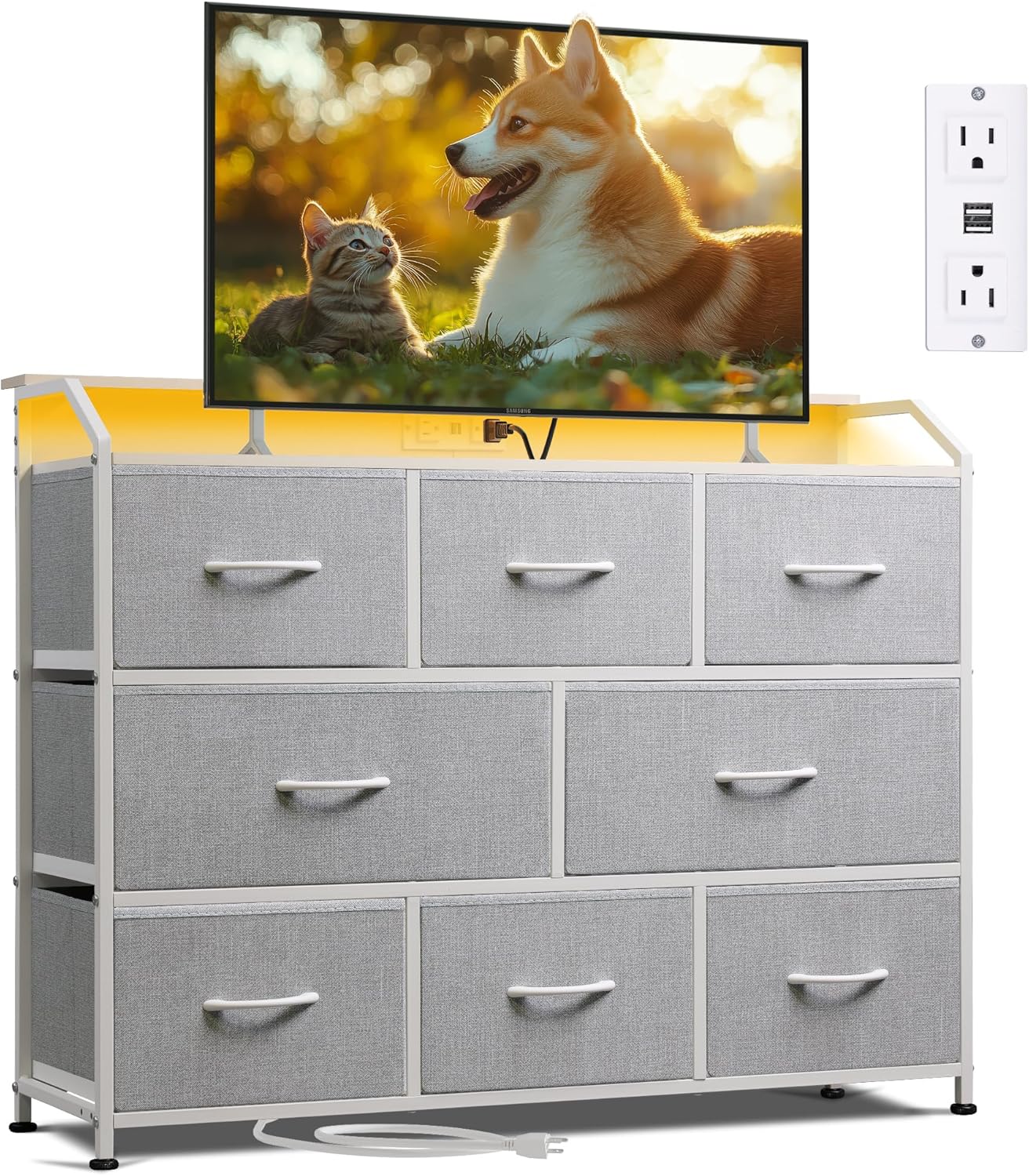 WLIVE Dresser TV Stand with Power Outlets, Led Dresser for Bedroom, Fabric Chest of Drawers with Open Shelves, Wood Top, Steel Frame, 6 Drawer Dressers for Closet, Living Room, Light Grey
