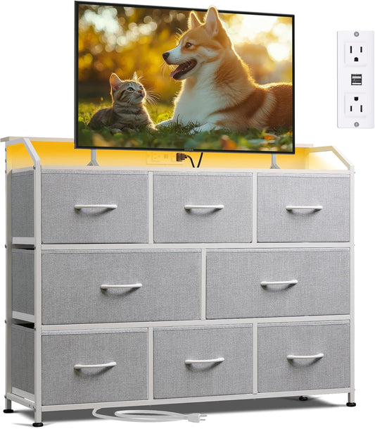 WLIVE Dresser TV Stand with Power Outlets, Led Dresser for Bedroom, Fabric Chest of Drawers with Open Shelves, Wood Top, Steel Frame, 6 Drawer Dressers for Closet, Living Room, Light Grey